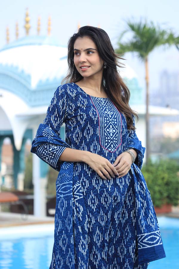 Dark Blue Long Kurta & Skirt With Dupatta