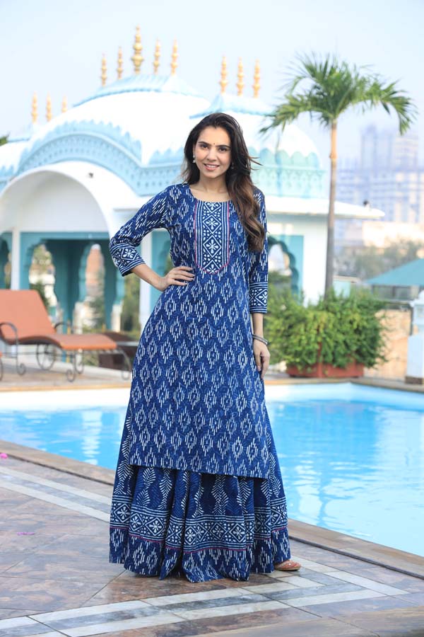 Dark Blue Long Kurta & Skirt With Dupatta