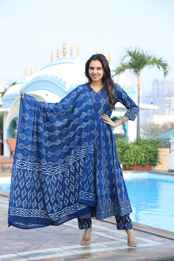 Dark Blue Anarkali suit with Mulmul Dupatta