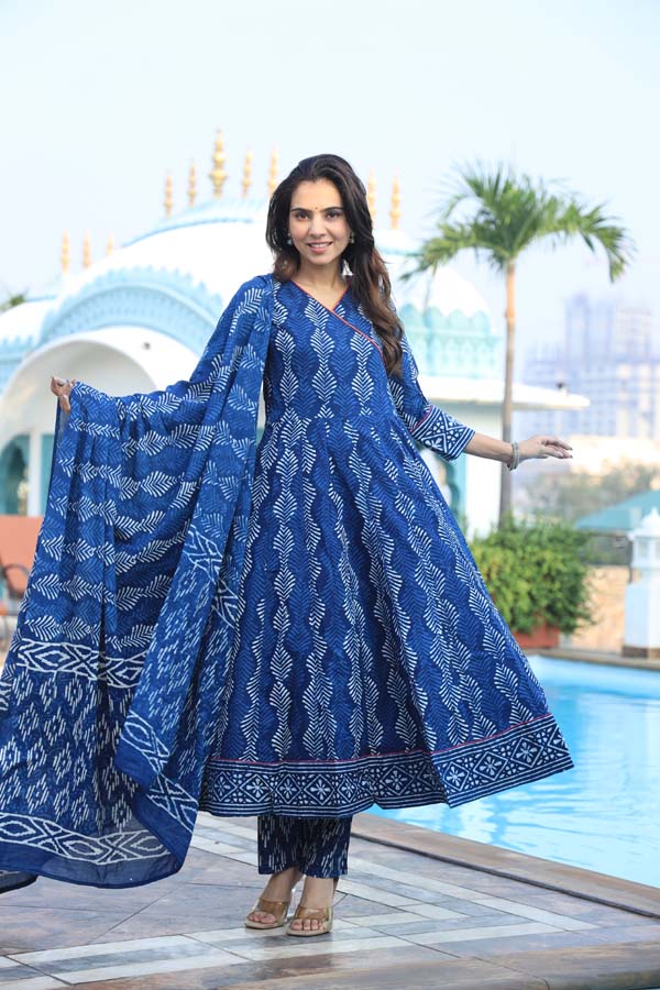 Dark Blue Anarkali suit with Mulmul Dupatta