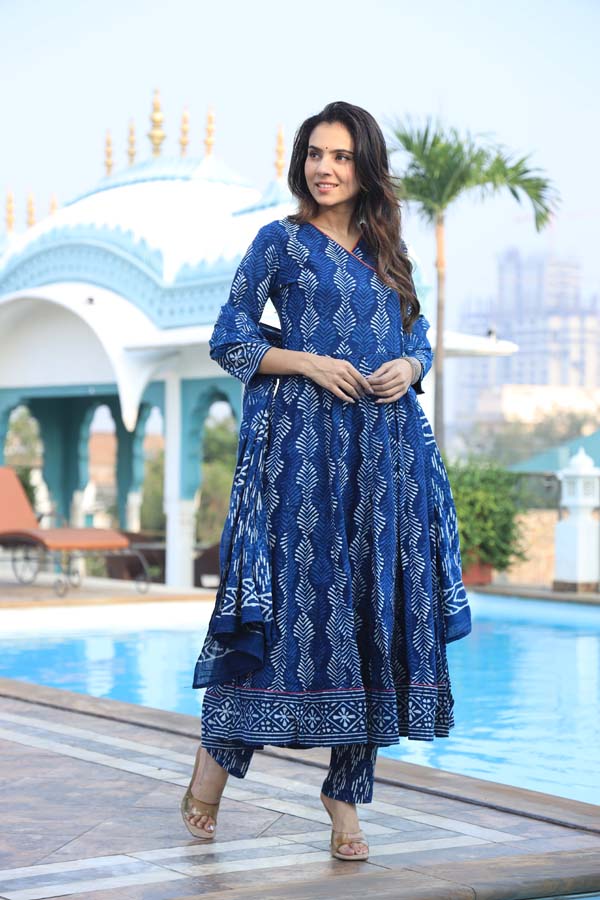 Dark Blue Anarkali suit with Mulmul Dupatta