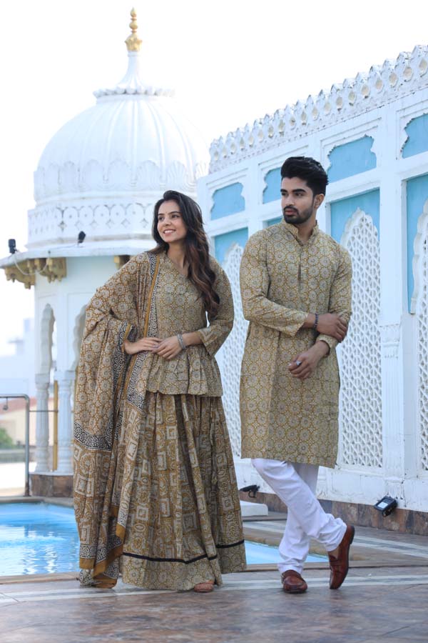 Light Grey Ethnic Women’s Chaniya Choli & Men’s Kurta set