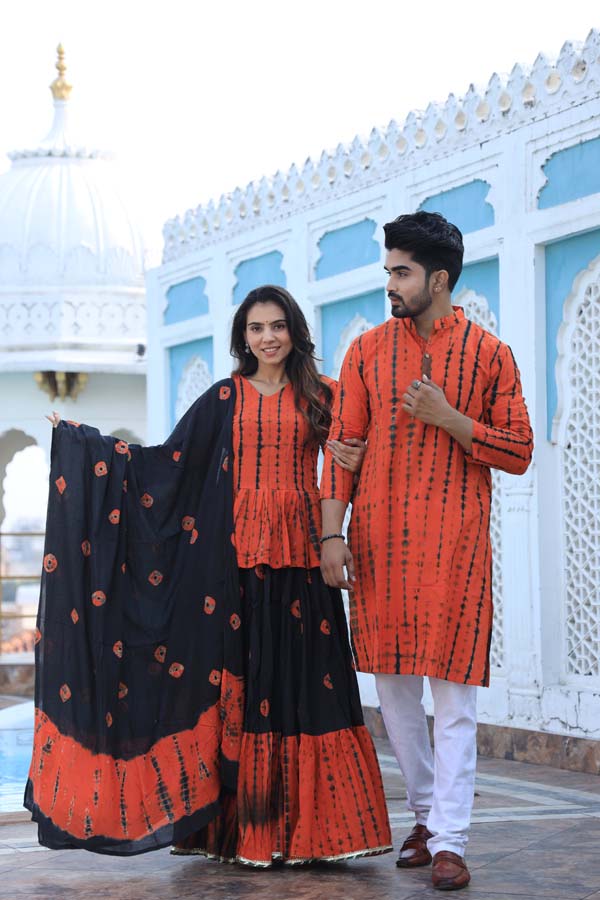 Pastel Red Ethnic Women’s Chaniya Choli & Men’s Kurta set