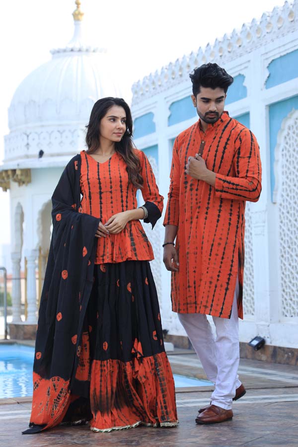 Pastel Red Ethnic Women’s Chaniya Choli & Men’s Kurta set