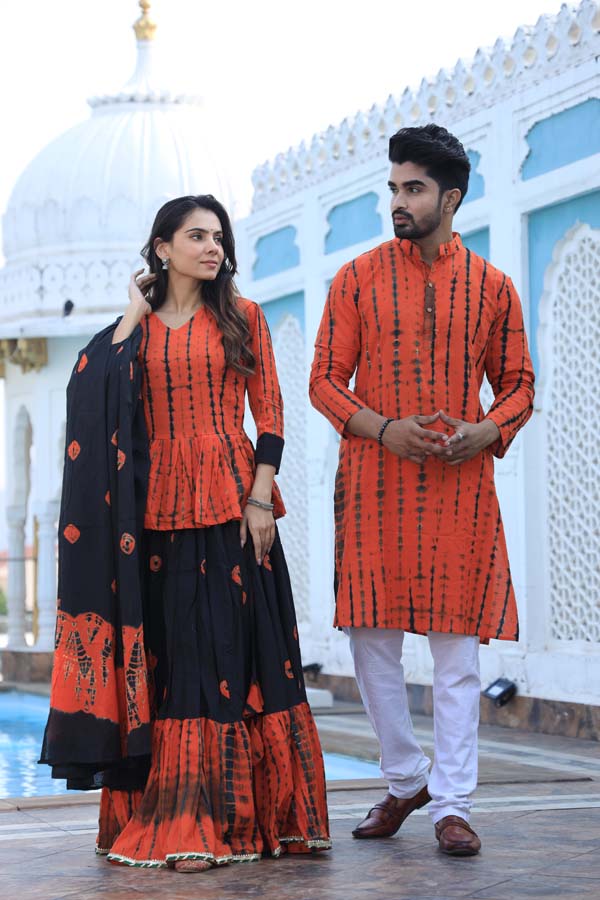 Pastel Red Ethnic Women’s Chaniya Choli & Men’s Kurta set