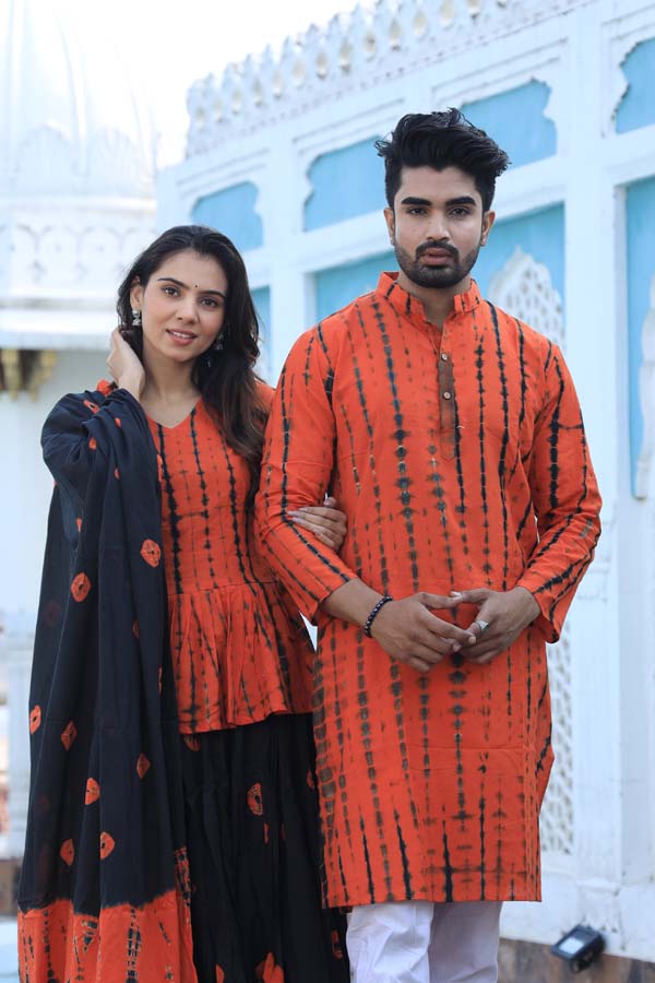 Pastel Red Ethnic Women’s Chaniya Choli & Men’s Kurta set