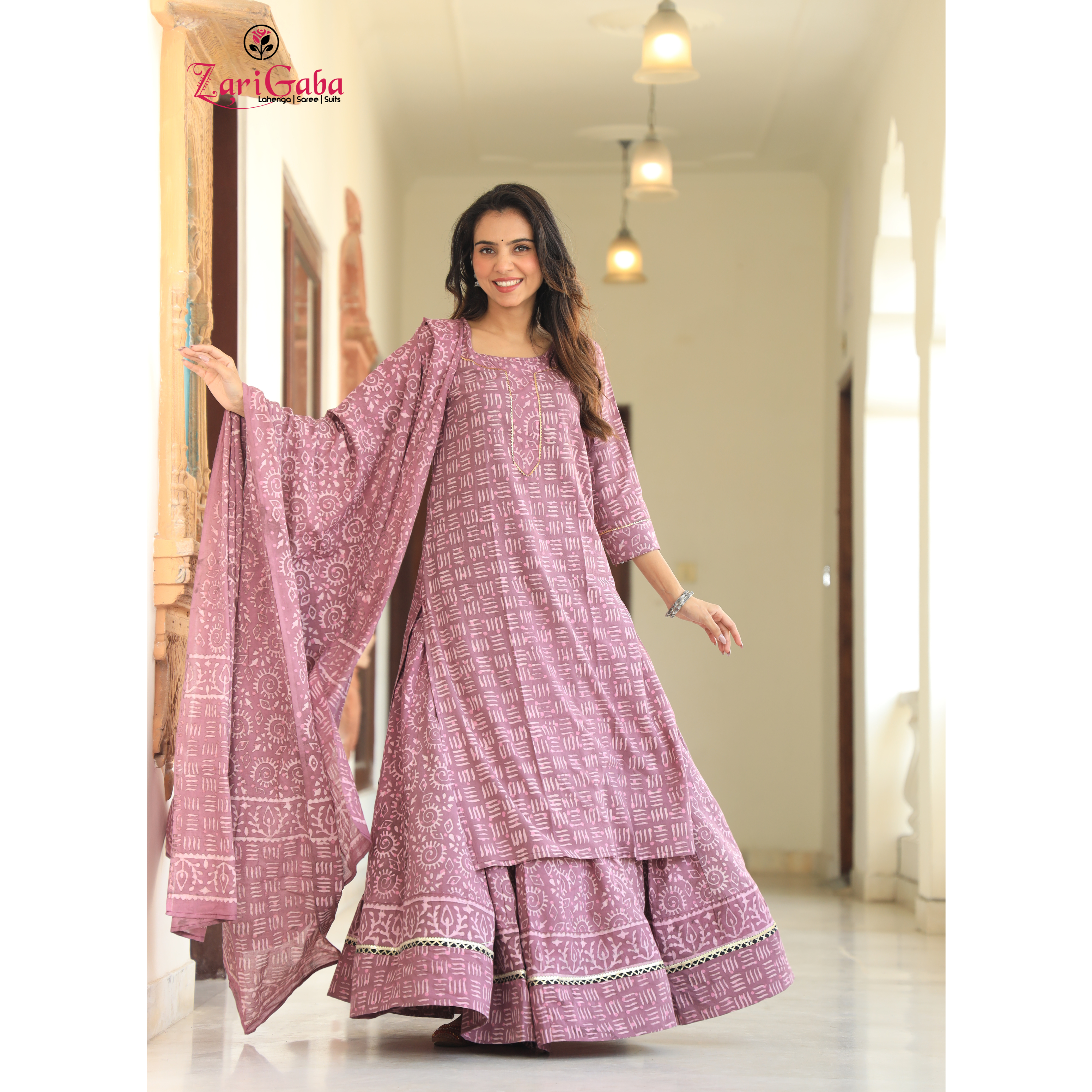 Ruddy Pink Long Kurta & Skirt With Dupatta