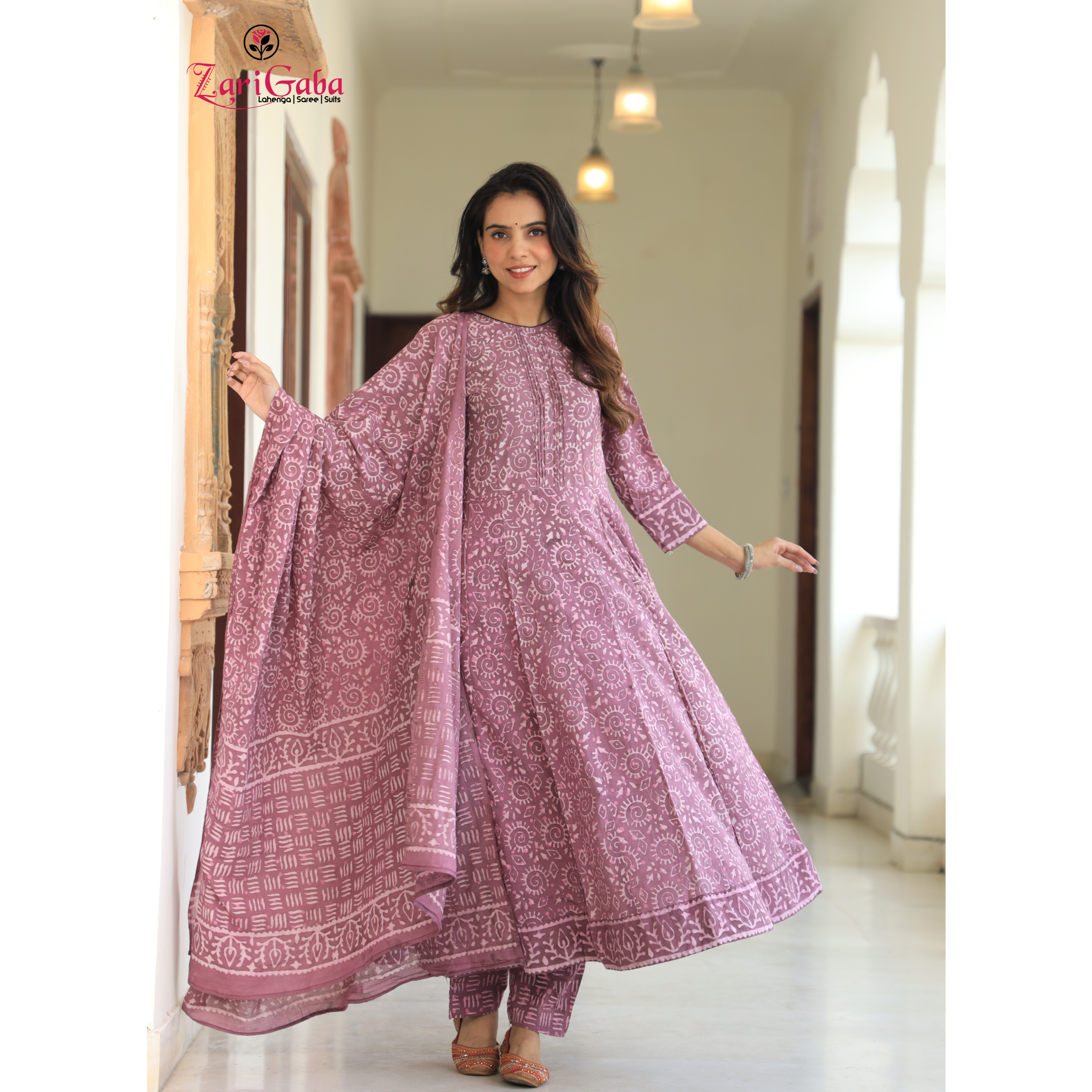 Old Rose Anarkali suit with Mulmul Dupatta