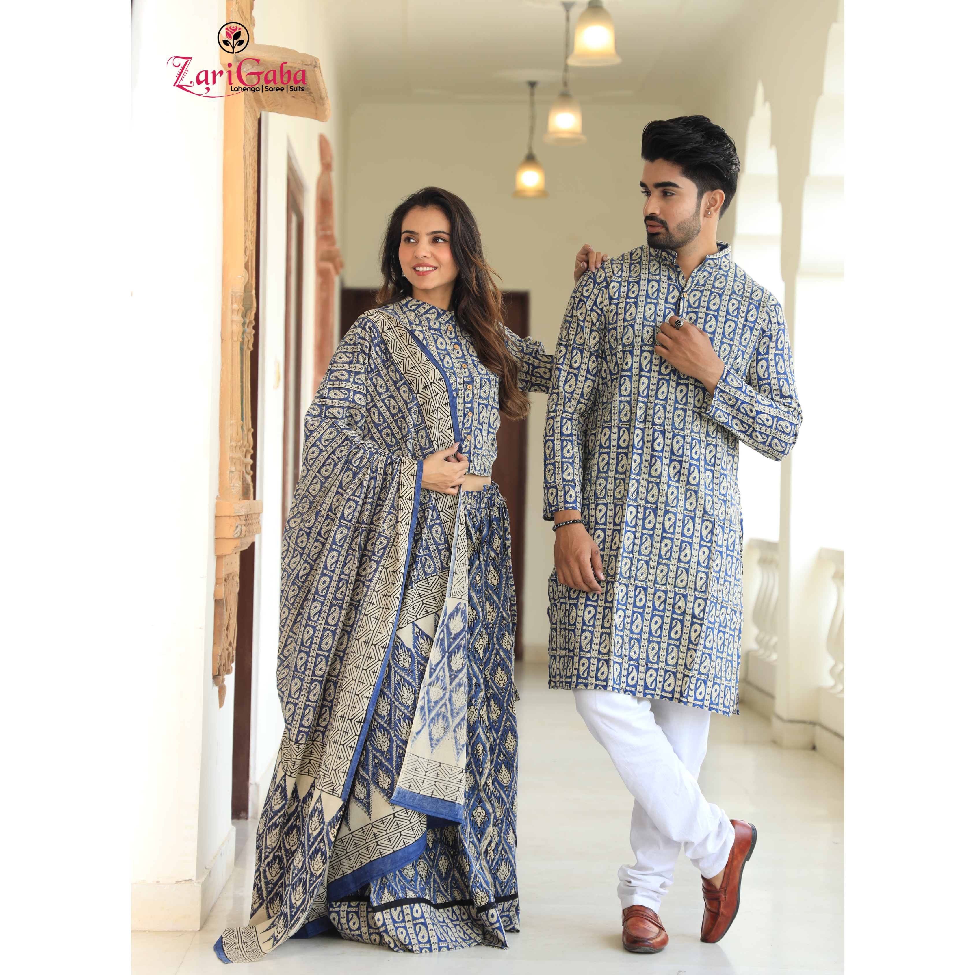 Air Force Blue Ethnic Women’s Chaniya Choli & Men’s Kurta Set