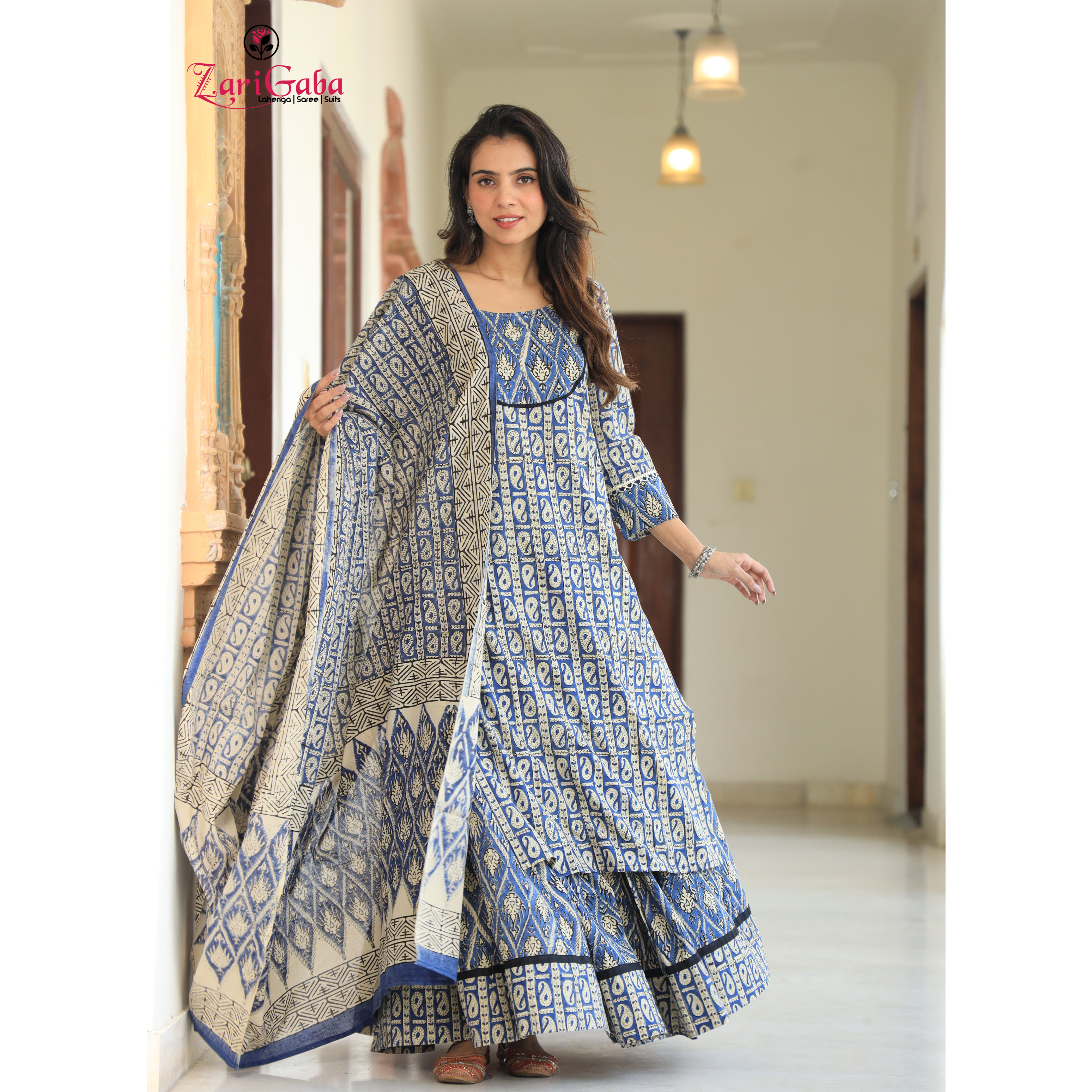 Cadet grey Long Kurta & Skirt With Dupatta