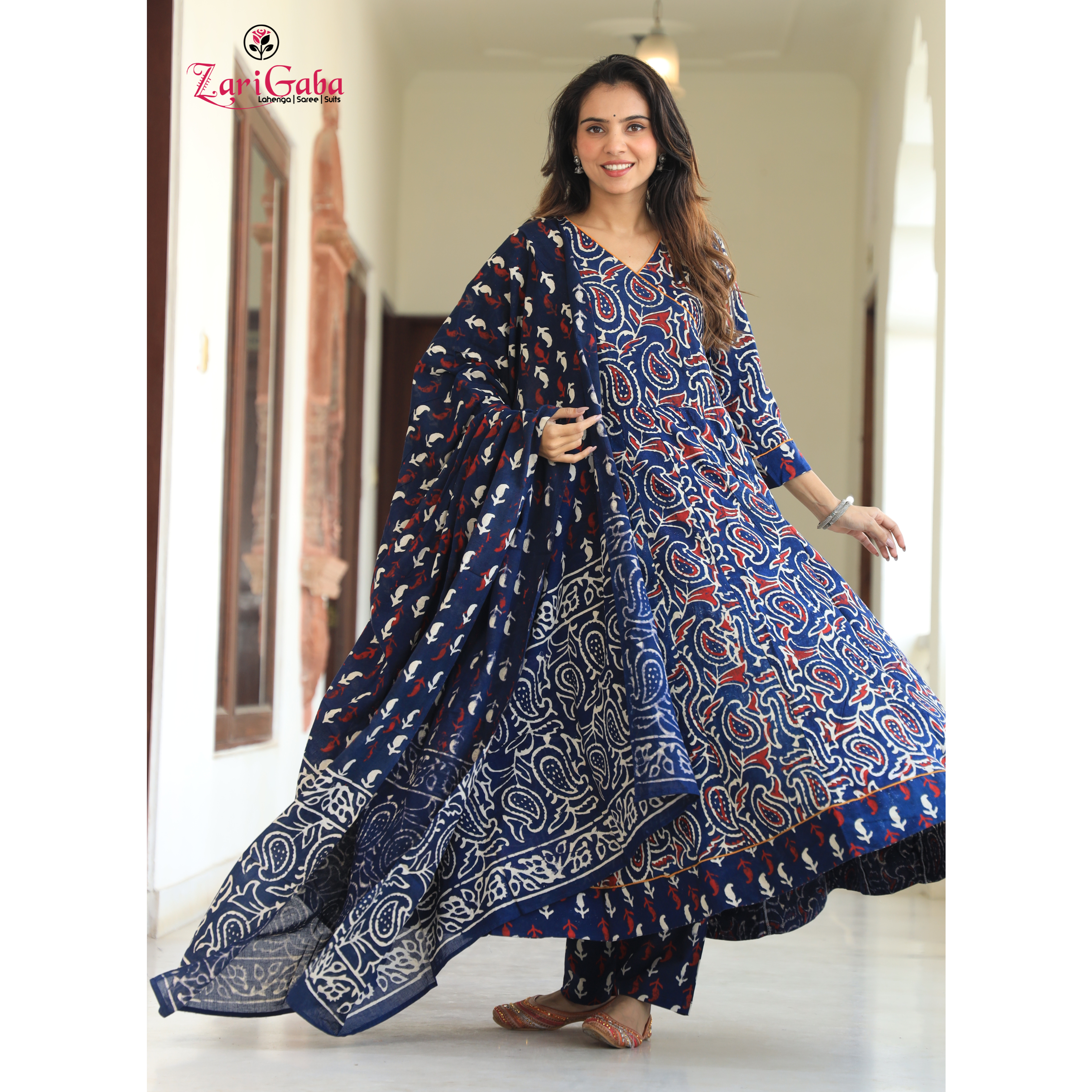 Dark Blue Anarkali suit with Mulmul Dupatta