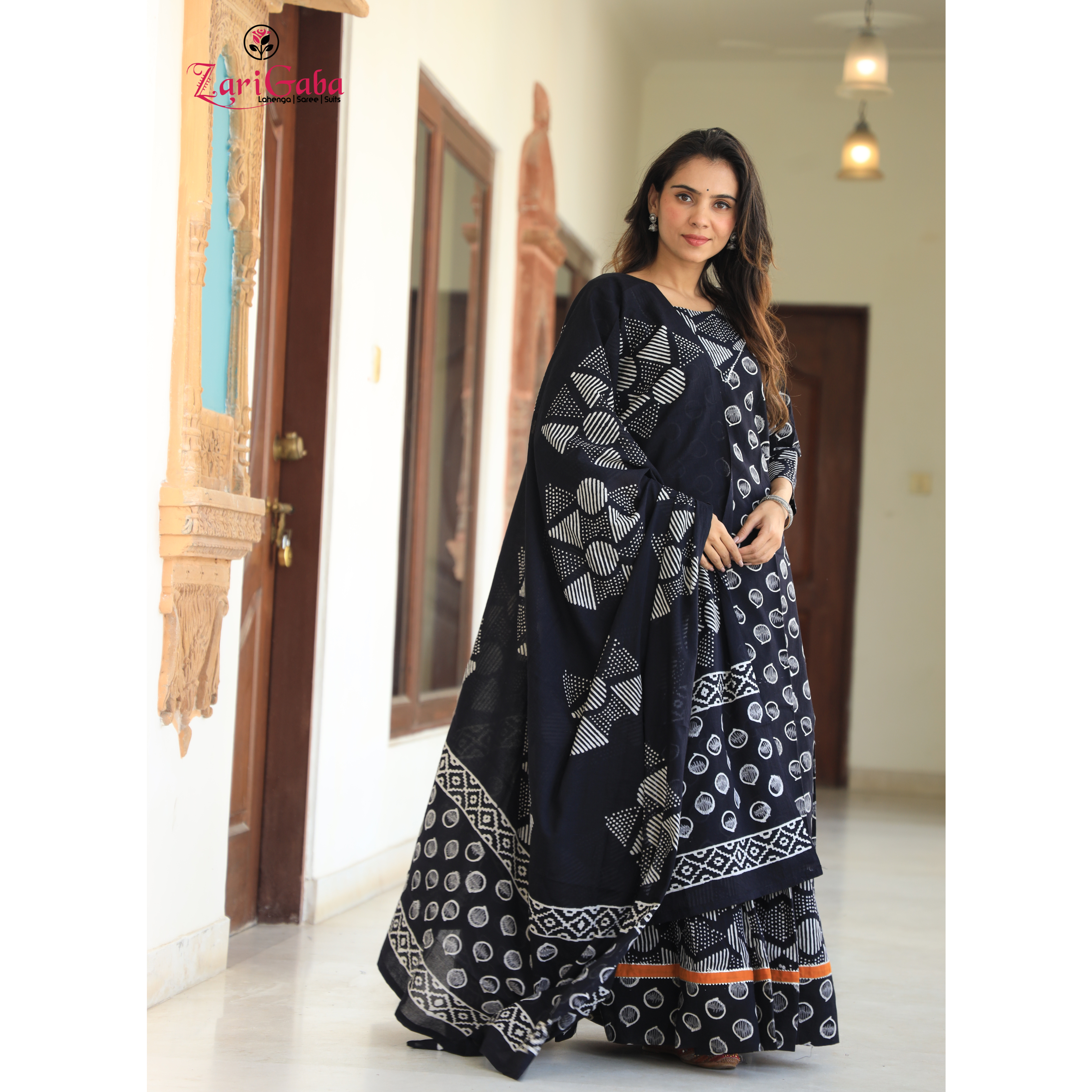 Dark Blue Long Kurta & Skirt With Dupatta