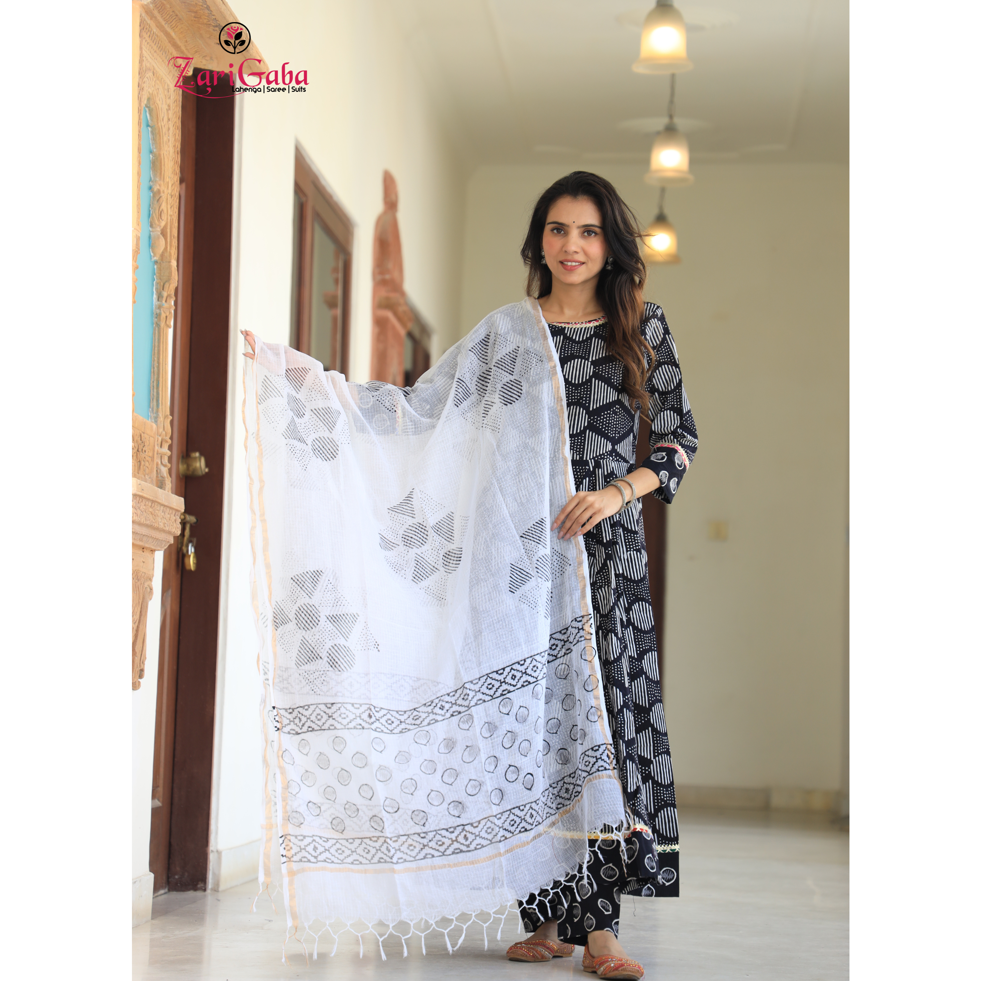 Charcoal Anarkali suit with Mulmul Dupatta