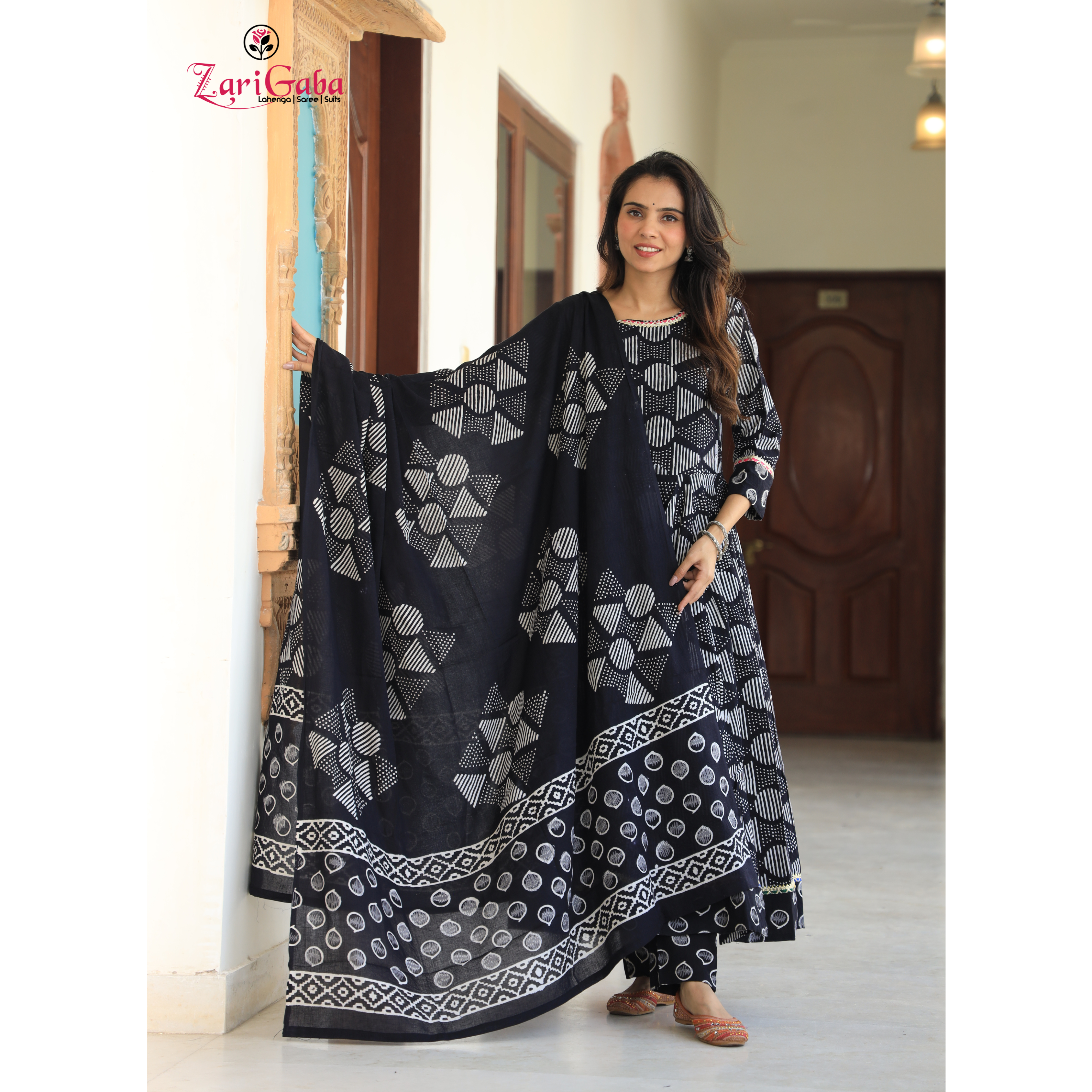 Black Anarkali suit with Mulmul Dupatta