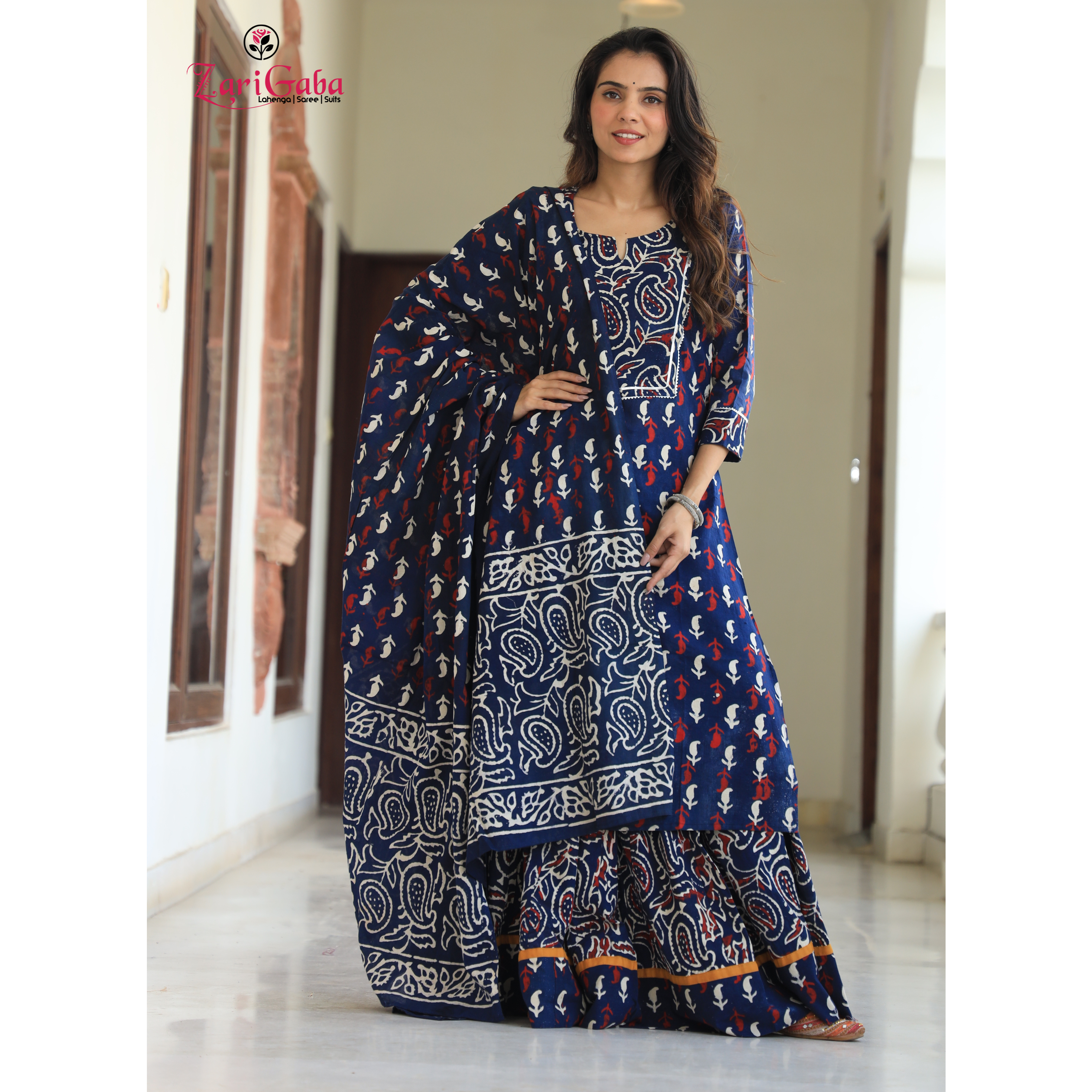 Oxford Blue Long Kurta & Skirt With Dupatta