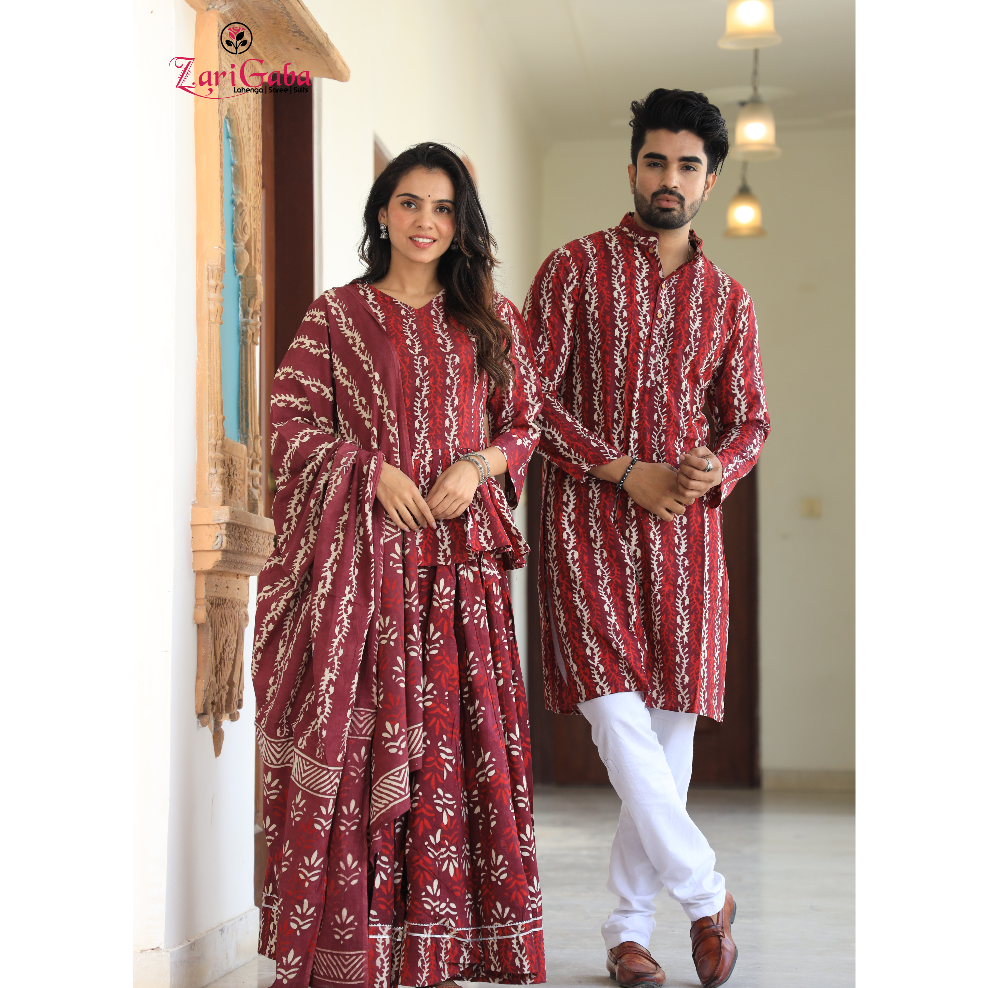 Wine Ethnic Women’s Chaniya Choli & Men’s Kurta set