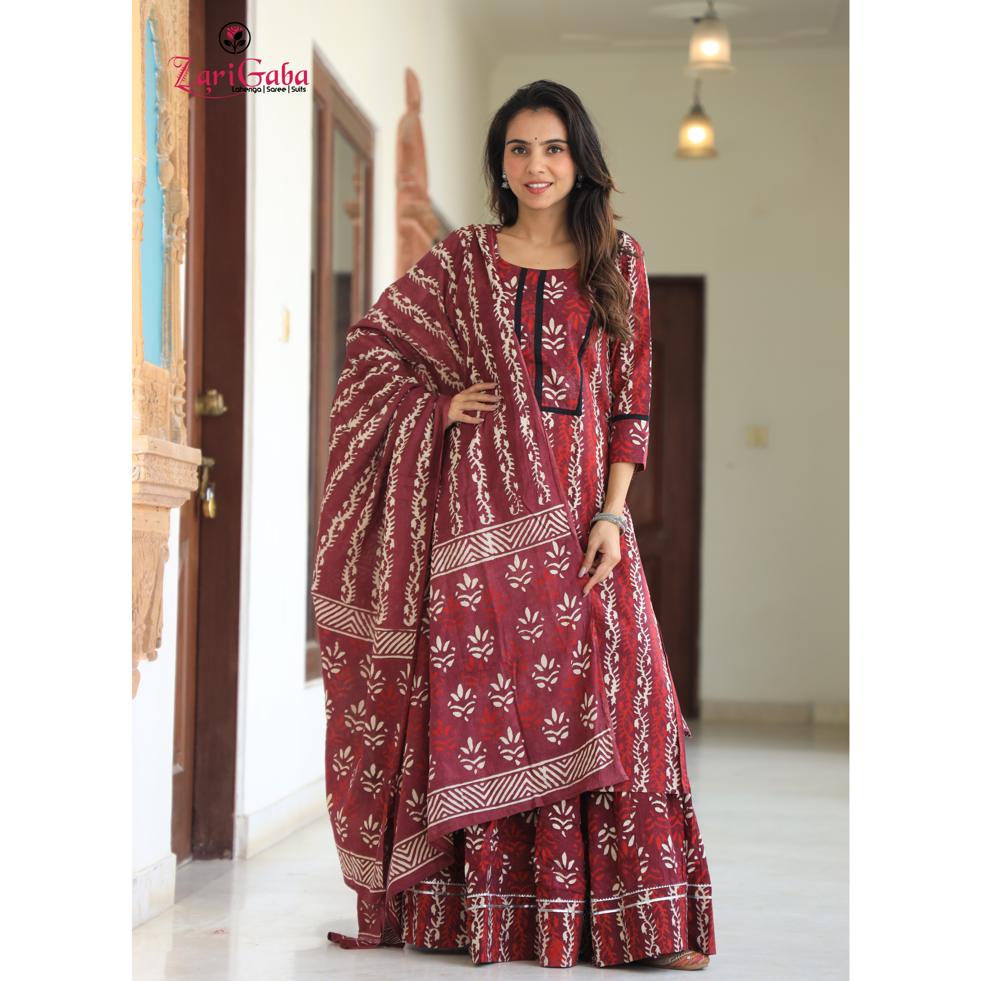 Wine Long Kurta & Skirt With Dupatta