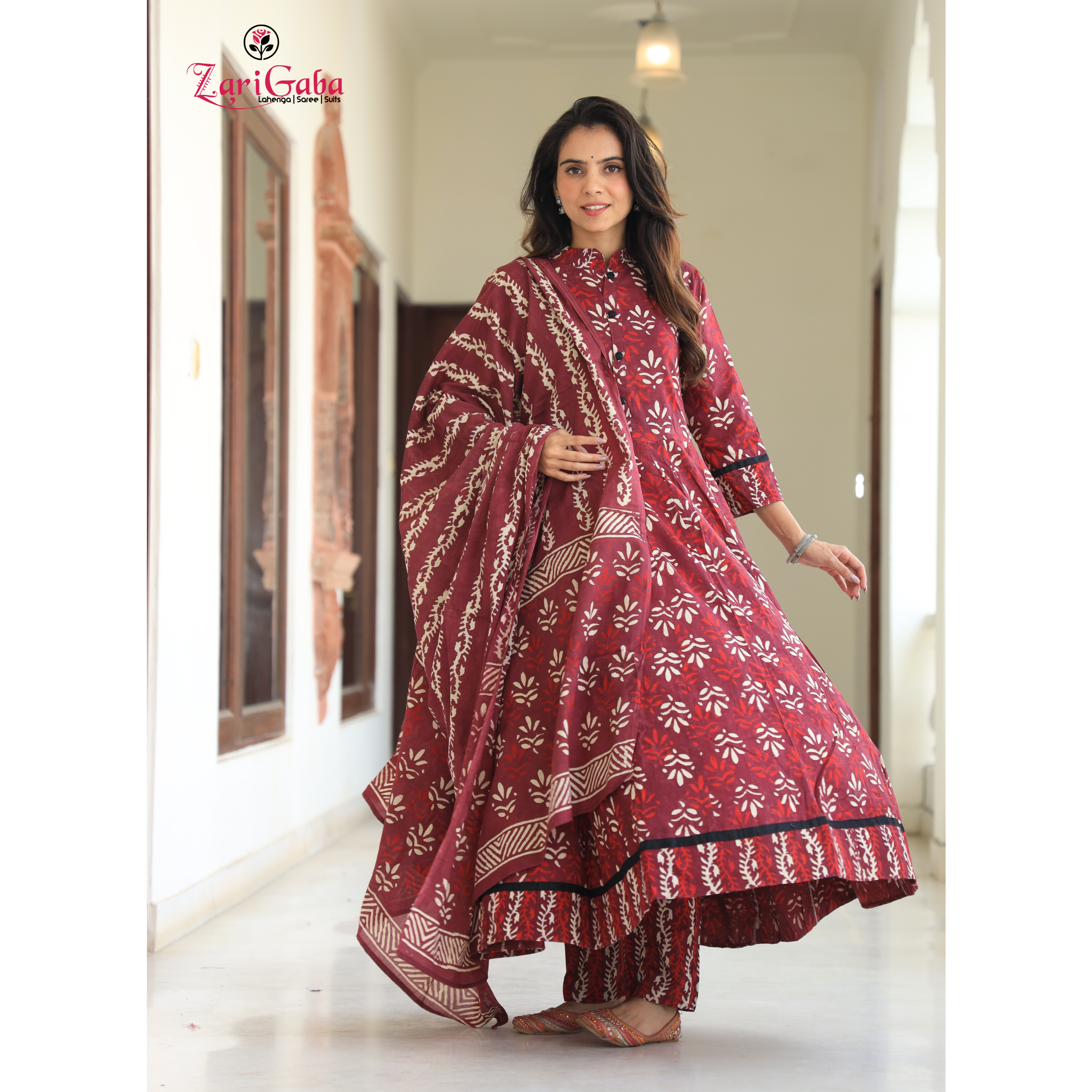 Wine Anarkali suit with Mulmul Dupatta