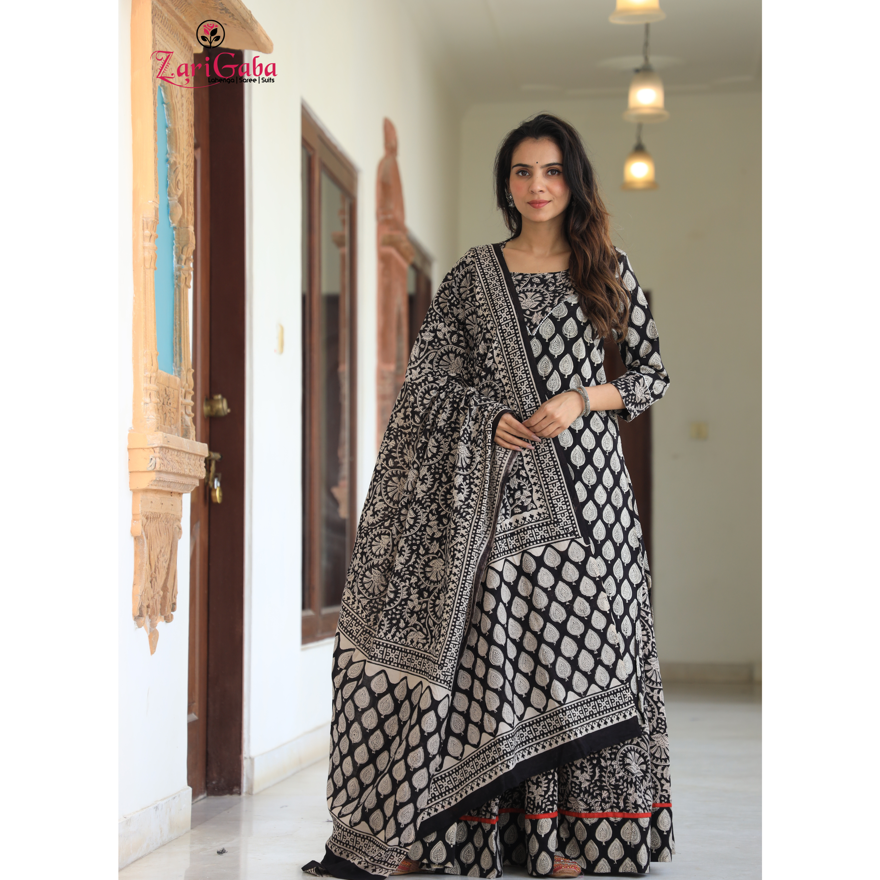 Dim Gray Long Kurta & Skirt With Dupatta