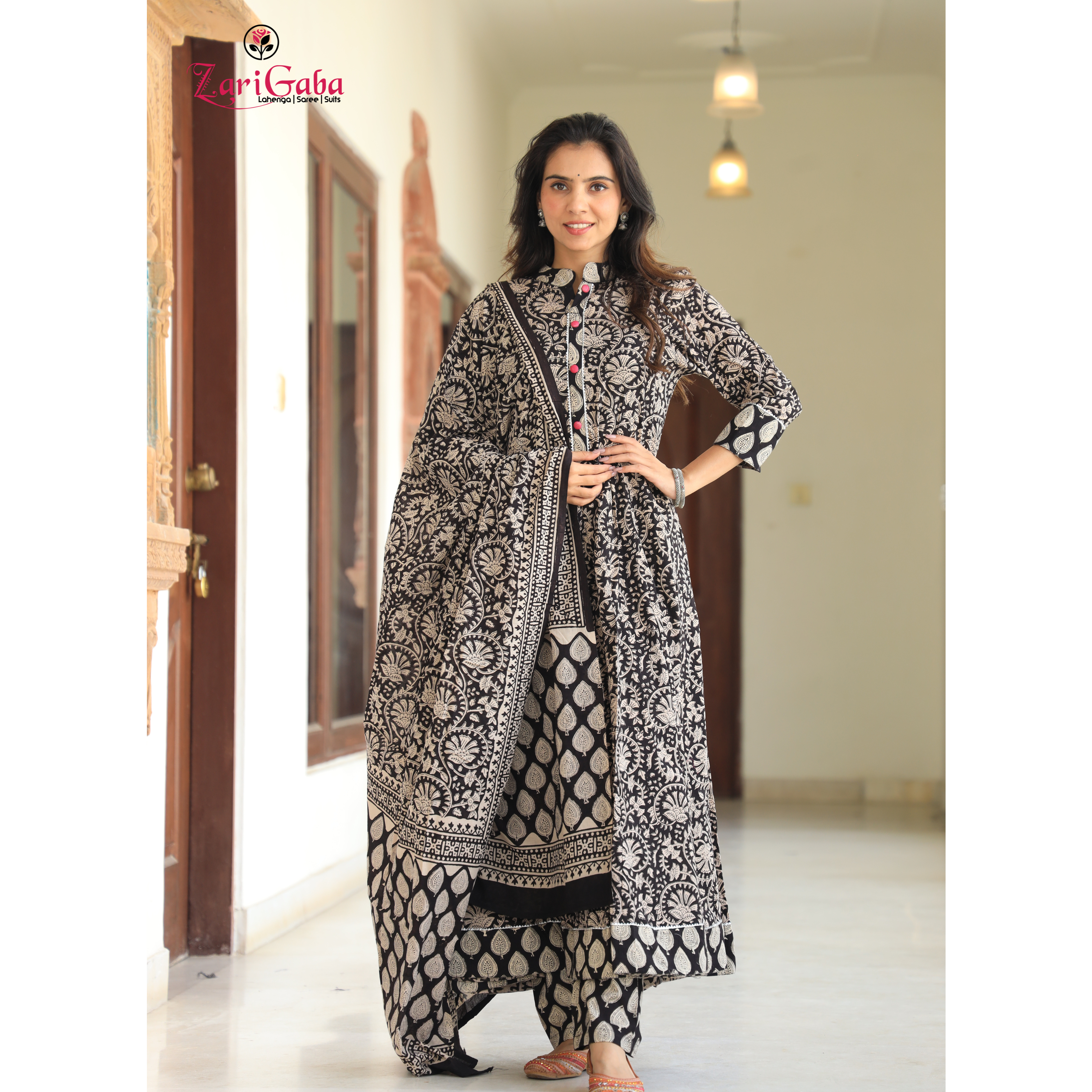 Dark Gray Lava Anarkali suit with Mulmul Dupatta