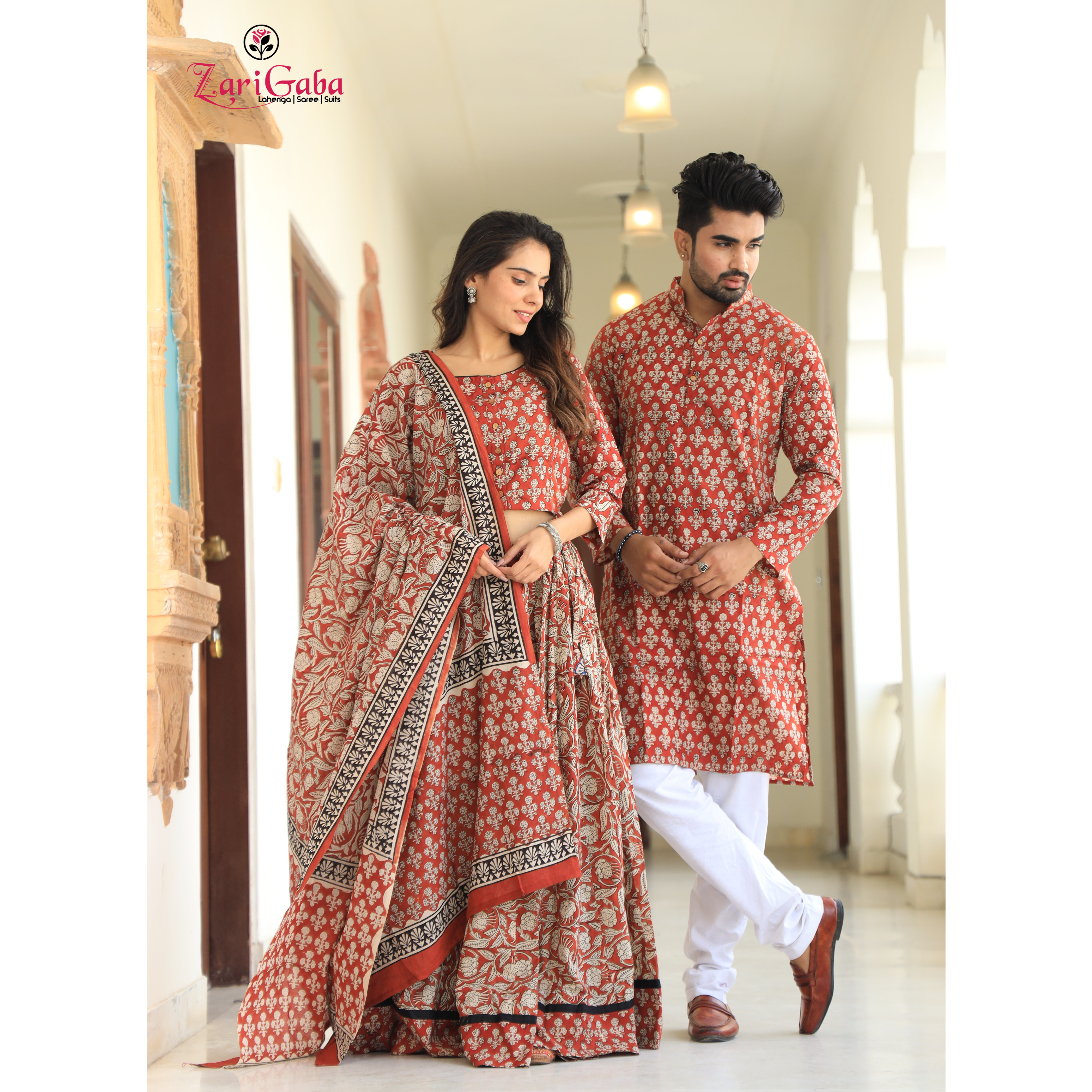 Red Brown Ethnic Women’s Chaniya Choli & Men’s Kurta set