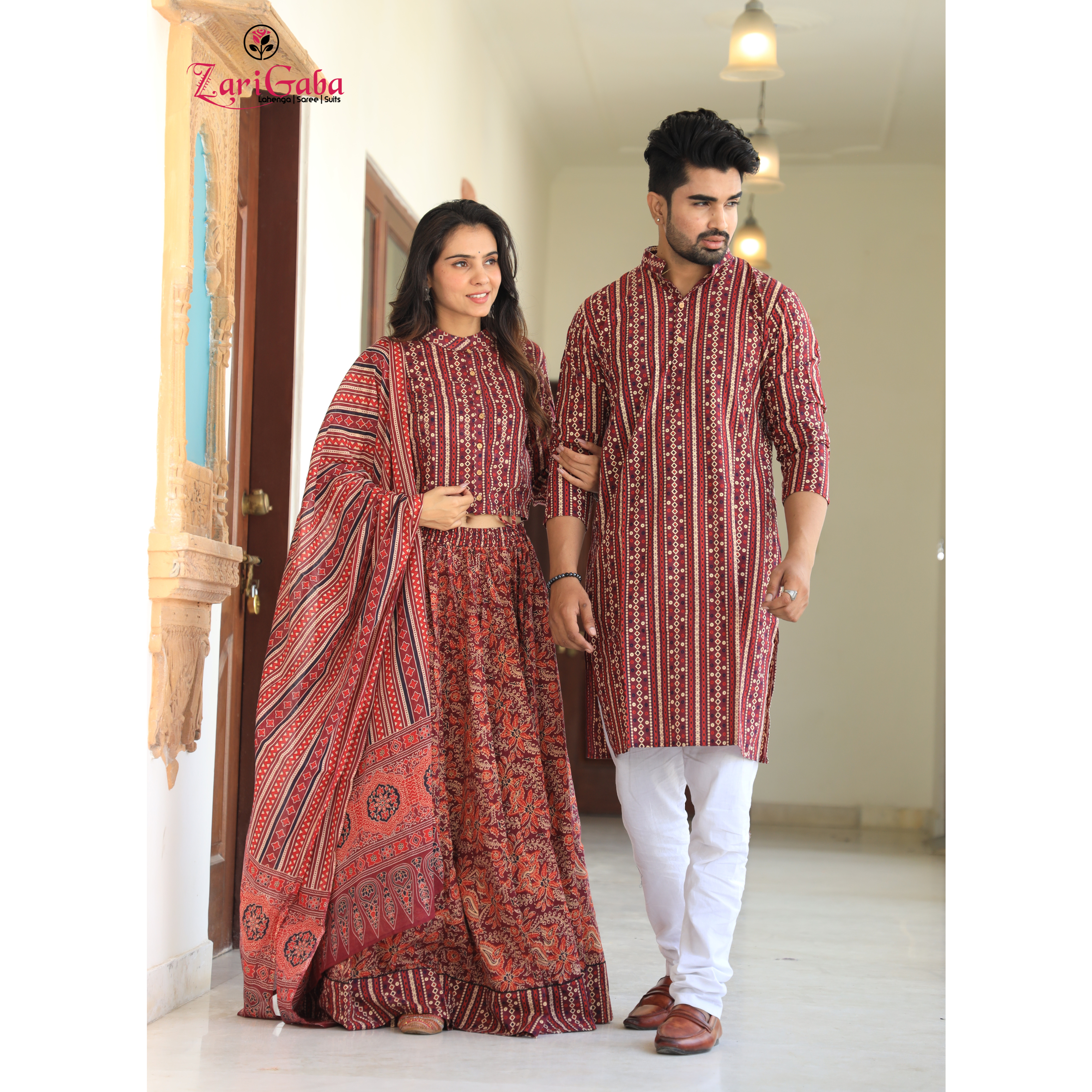 Wine Ethnic Women’s Chaniya Choli & Men’s Kurta set