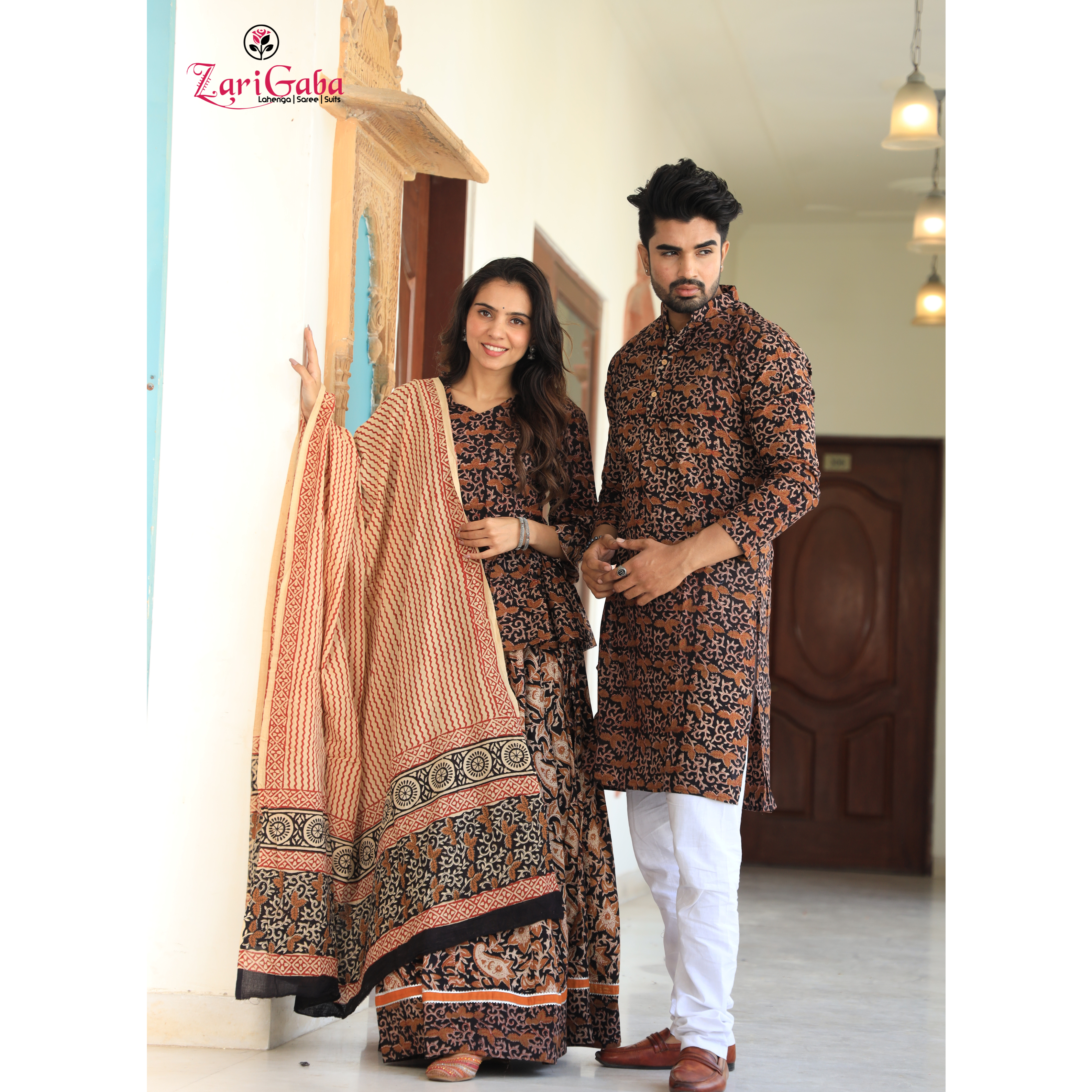 Brown Ethnic Women’s Chaniya Choli & Men’s Kurta set