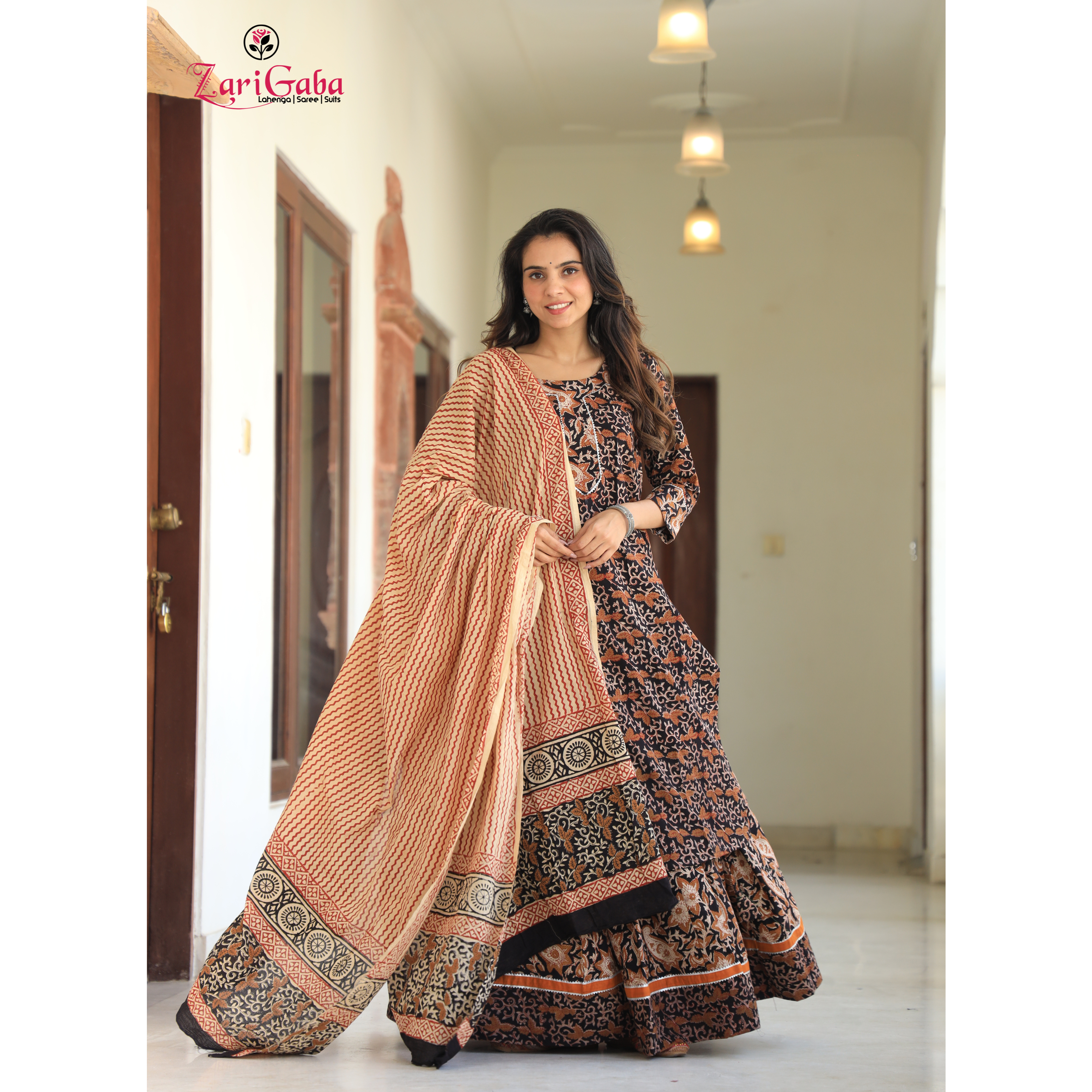 Seal Brown Long Kurta & Skirt With Dupatta