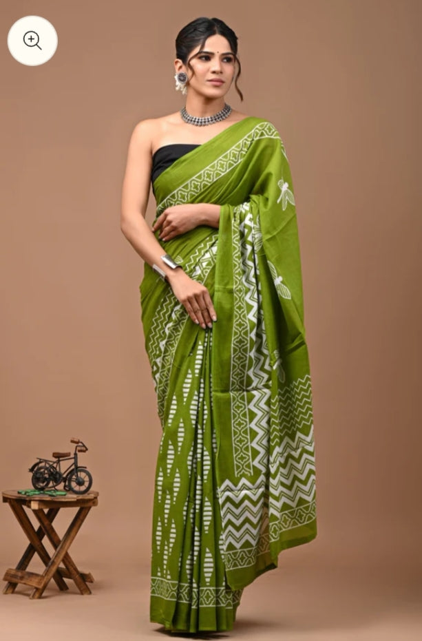 Light Green Cotton Mulmul Saree for Women