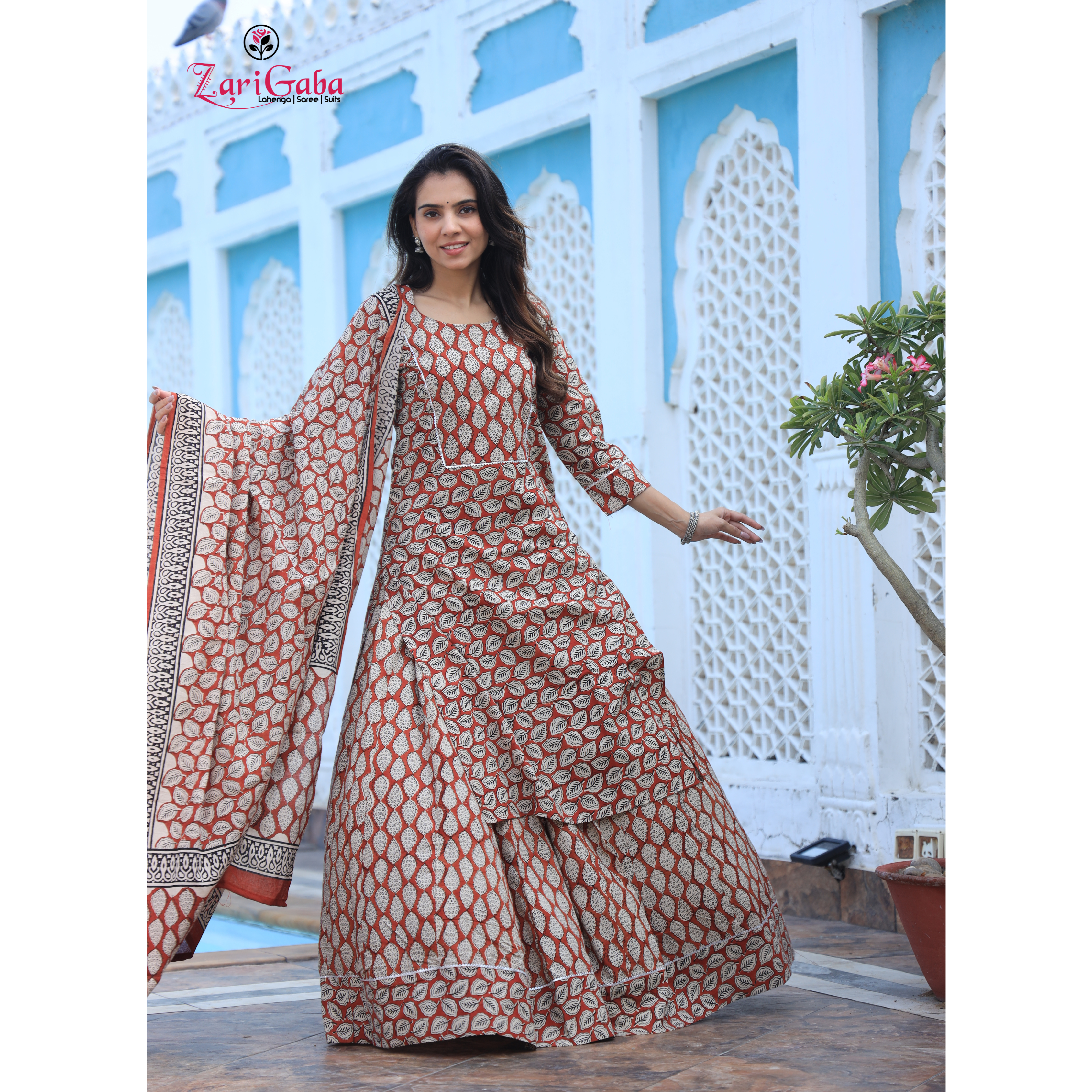 Copper Rose Long Kurta & Skirt With Dupatta