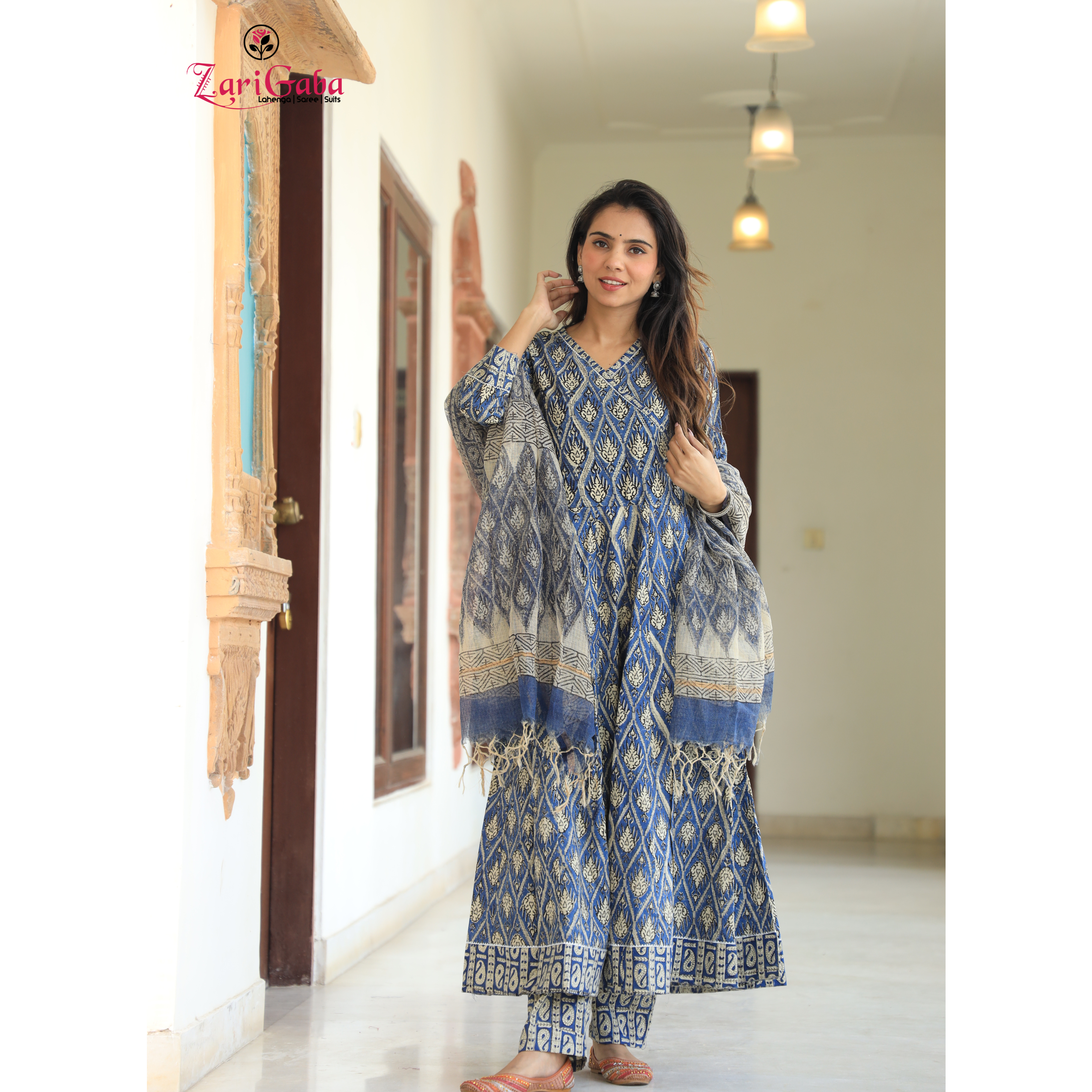 Dim Blue Anarkali suit with Mulmul Dupatta