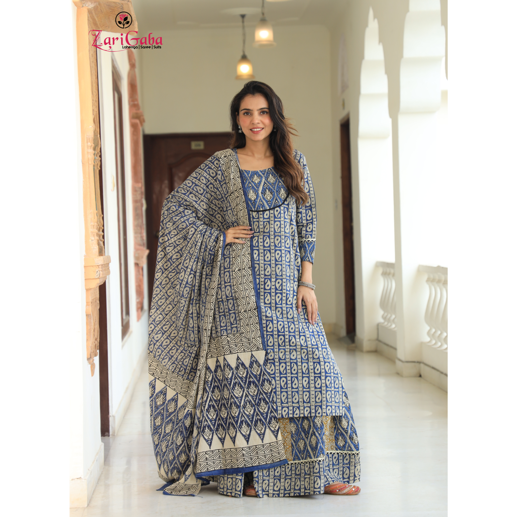 Electric Blue Long Kurta & Skirt With Dupatta