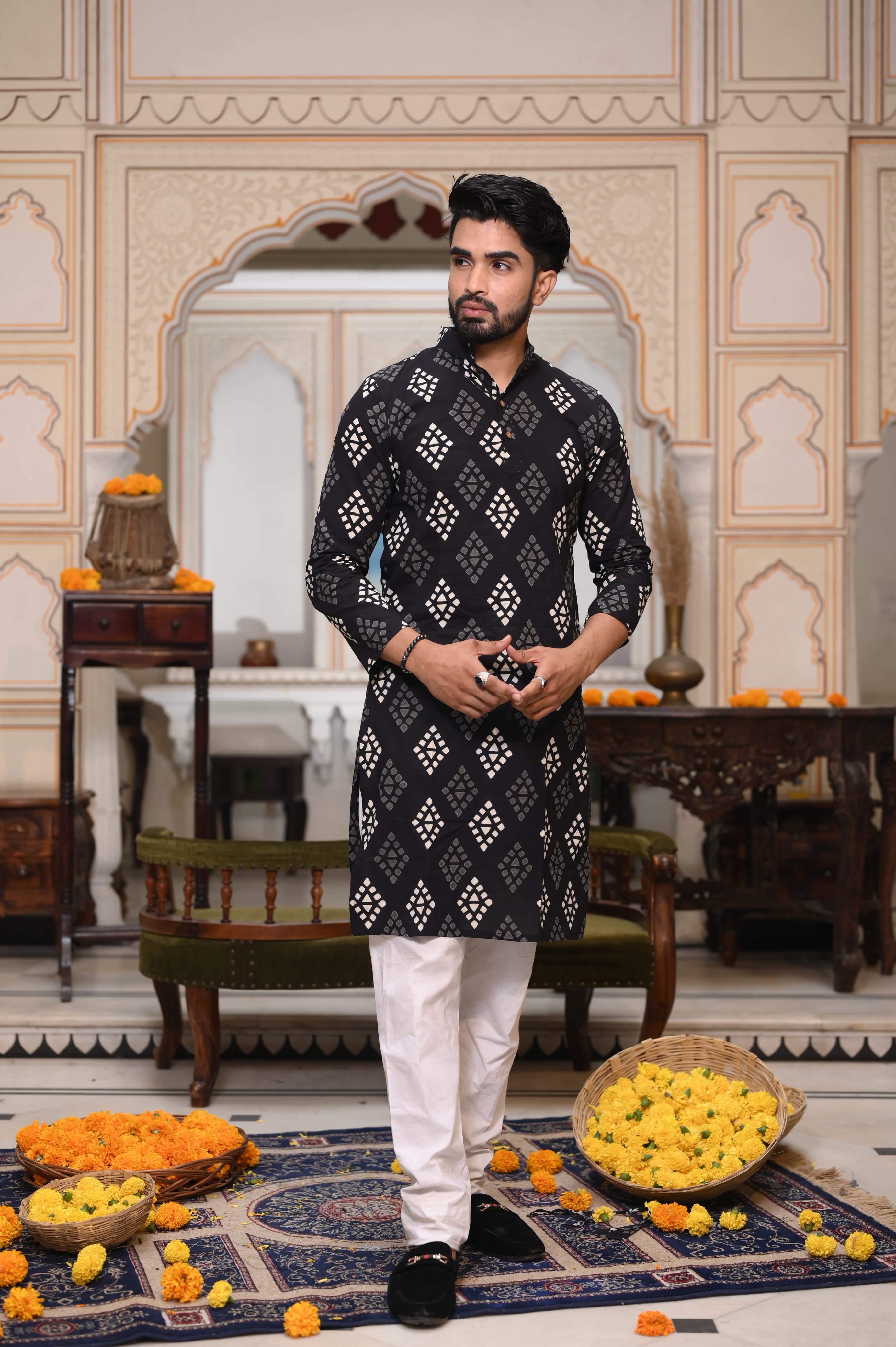 Thunder Black Block Print Long Kurta With Payjama for Mens