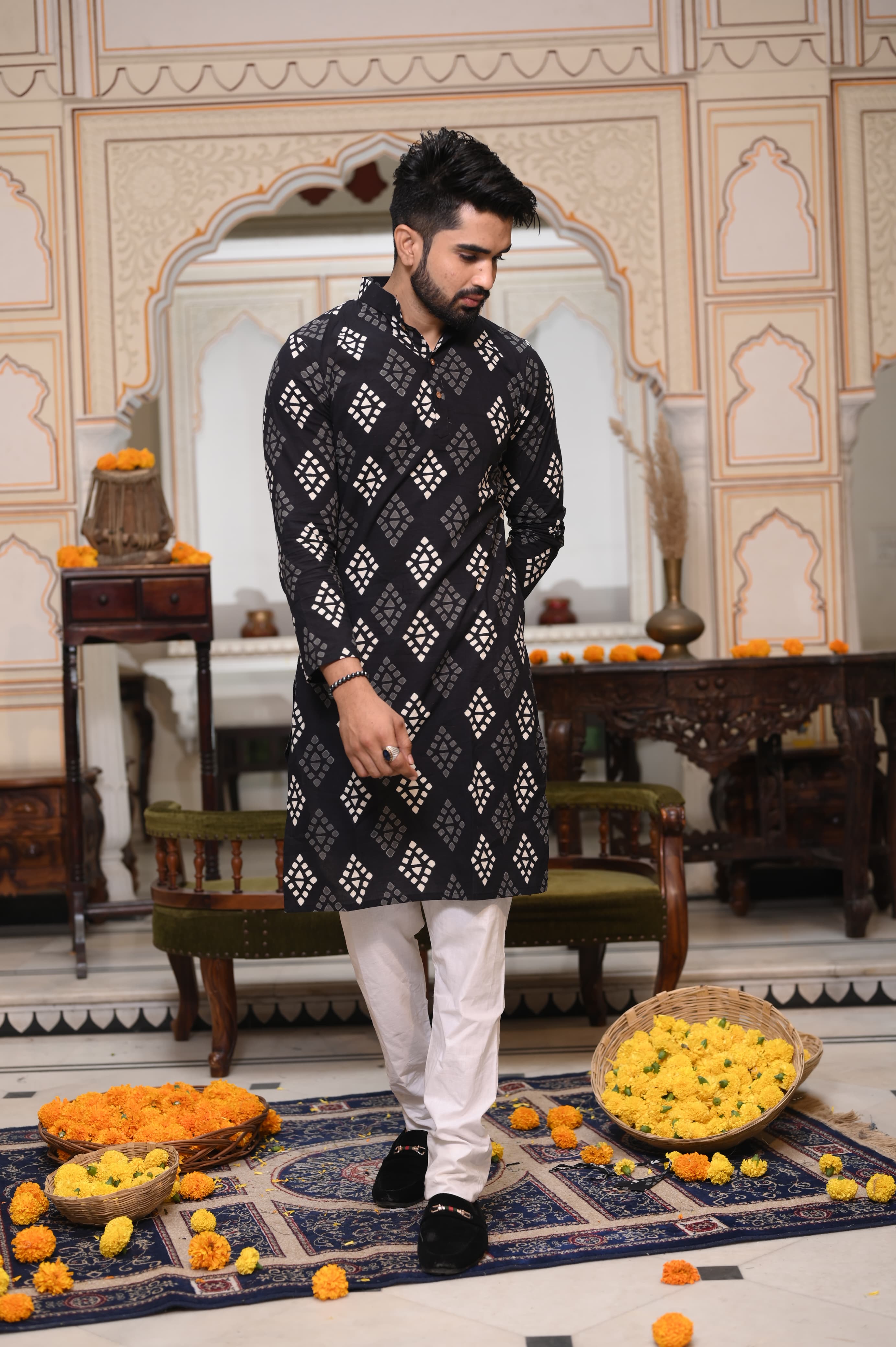 Thunder Black Block Print Long Kurta With Payjama for Mens