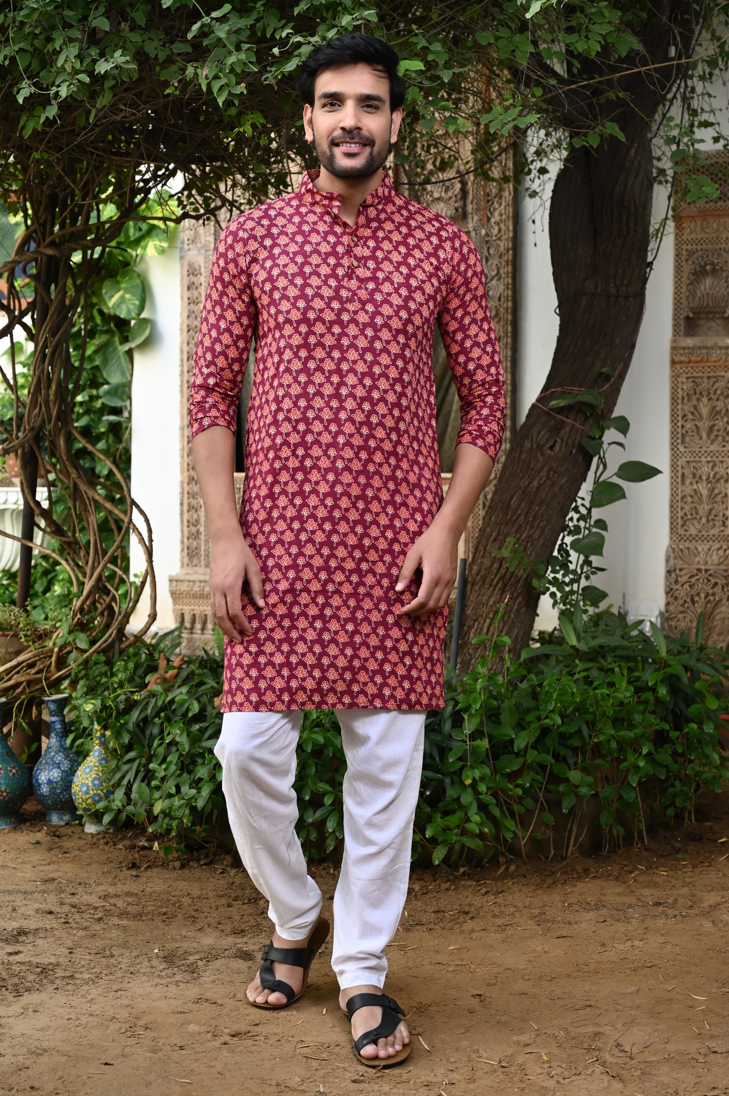 Red Color Hand Block Kurta Payzama for Men