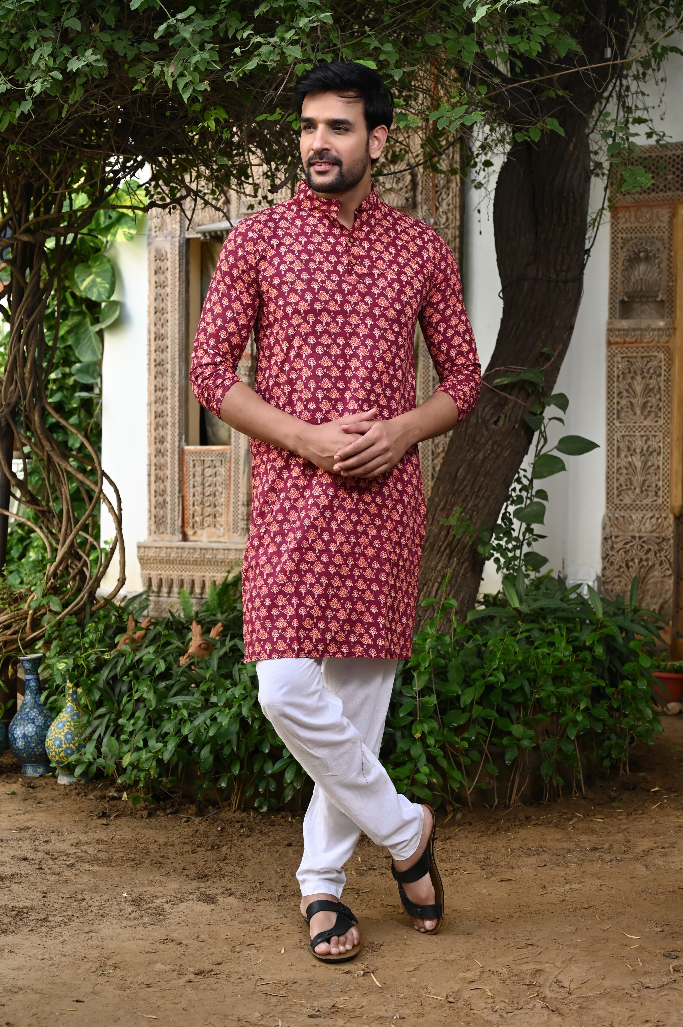 Red Color Hand Block Kurta Payzama for Men