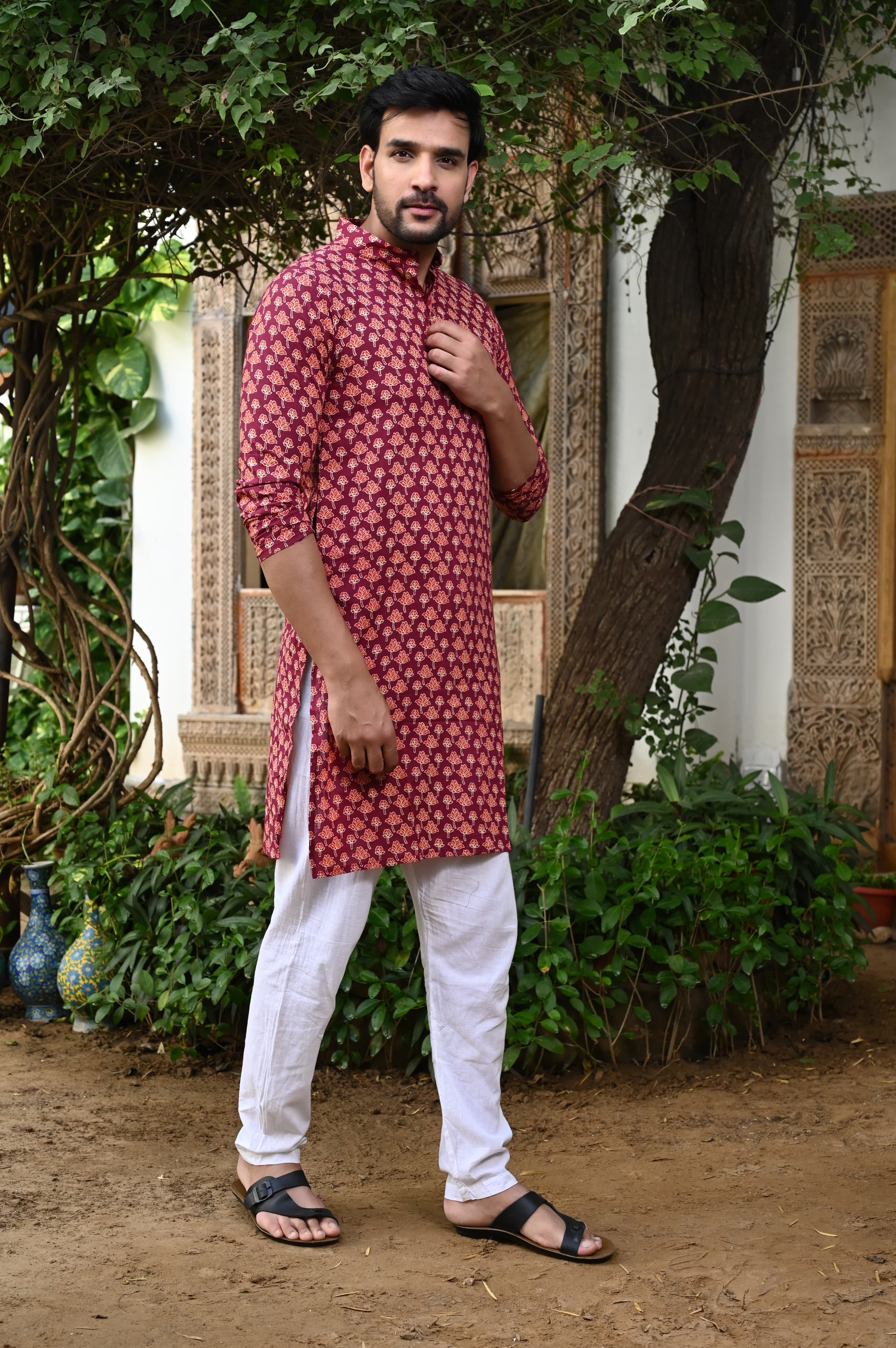 Red Color Hand Block Kurta Payzama for Men