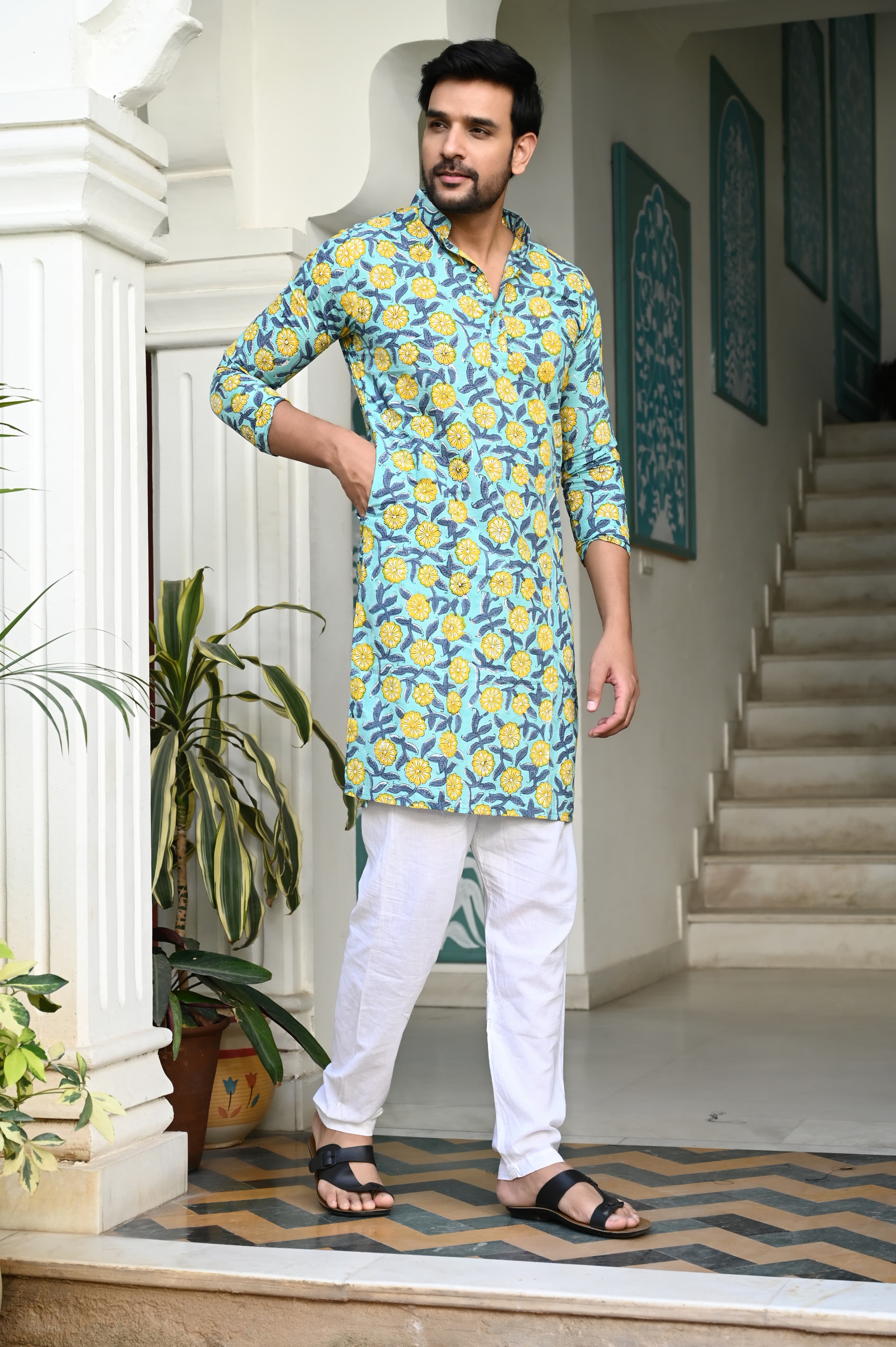 Green Color Hand Block Print Kurta Payjama