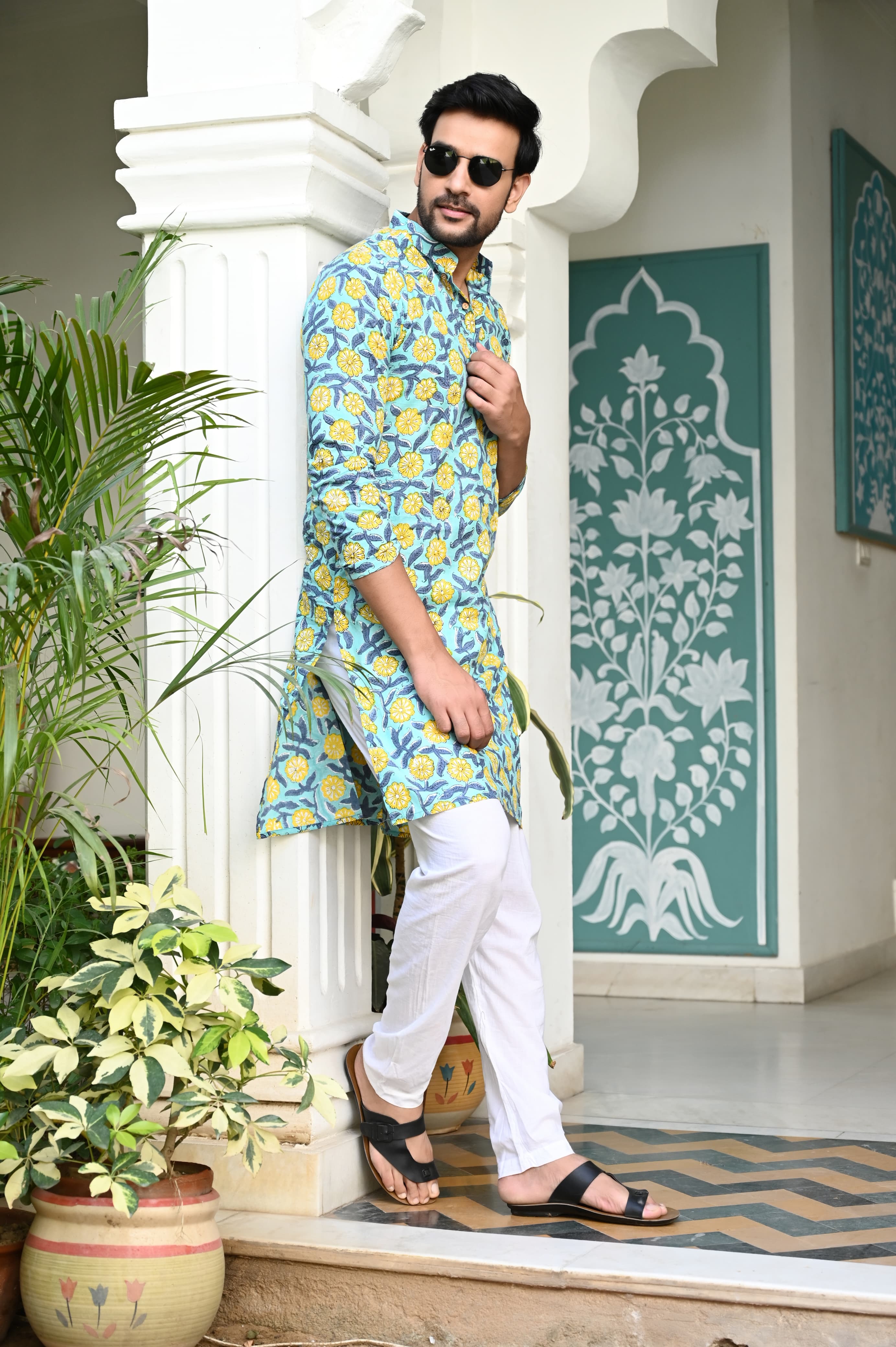 Green Color Hand Block Print Kurta Payjama