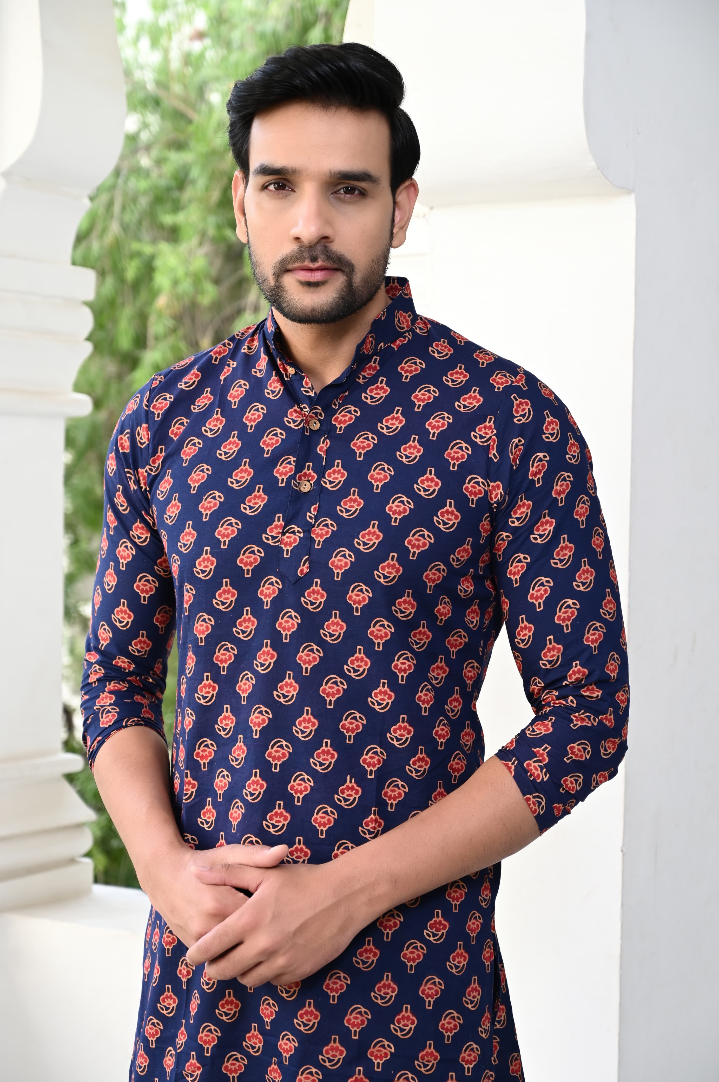 Navy Elegance Hand Block Printed Kurta Payzama for Men