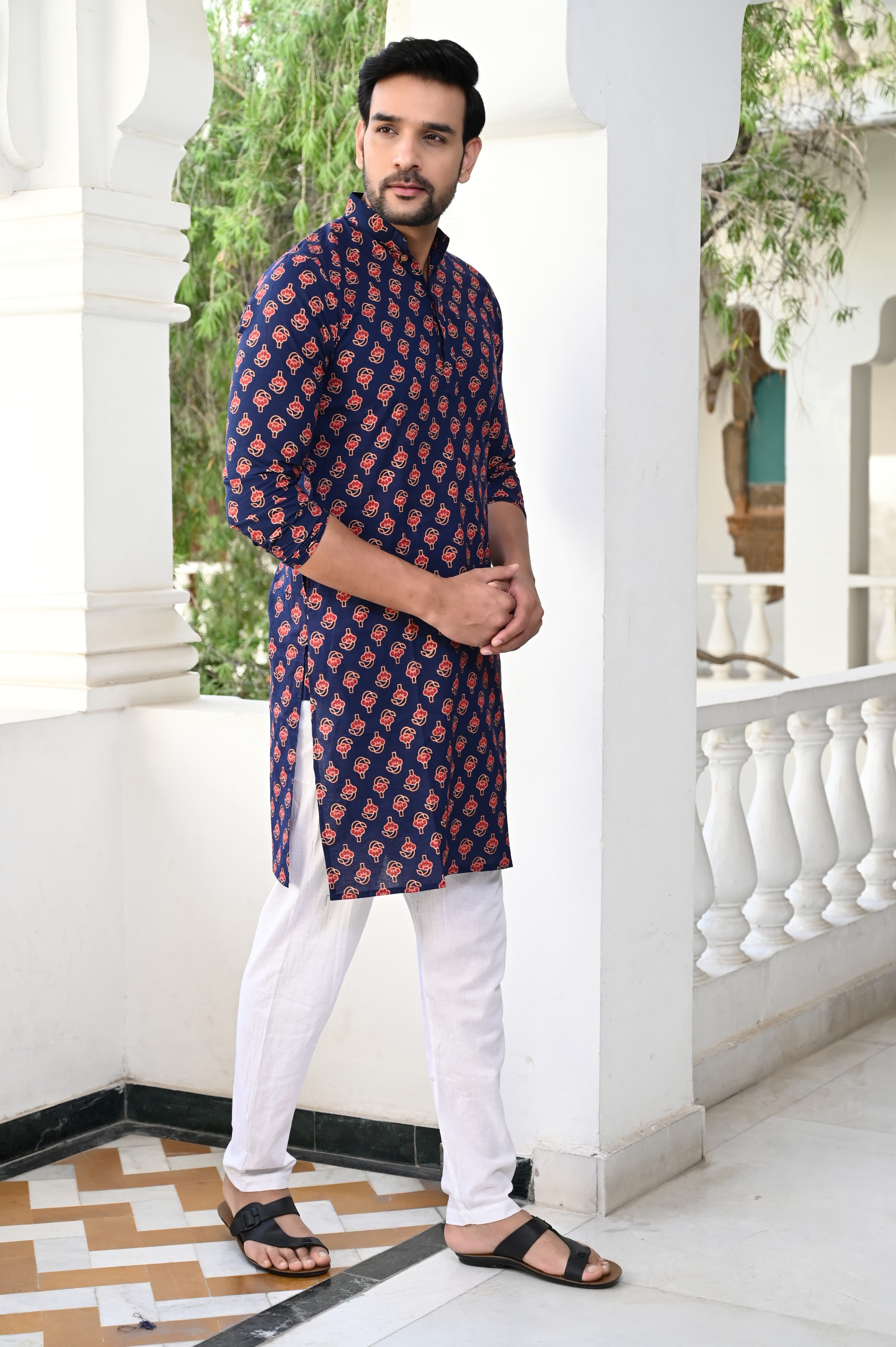 Navy Elegance Hand Block Printed Kurta Payzama for Men