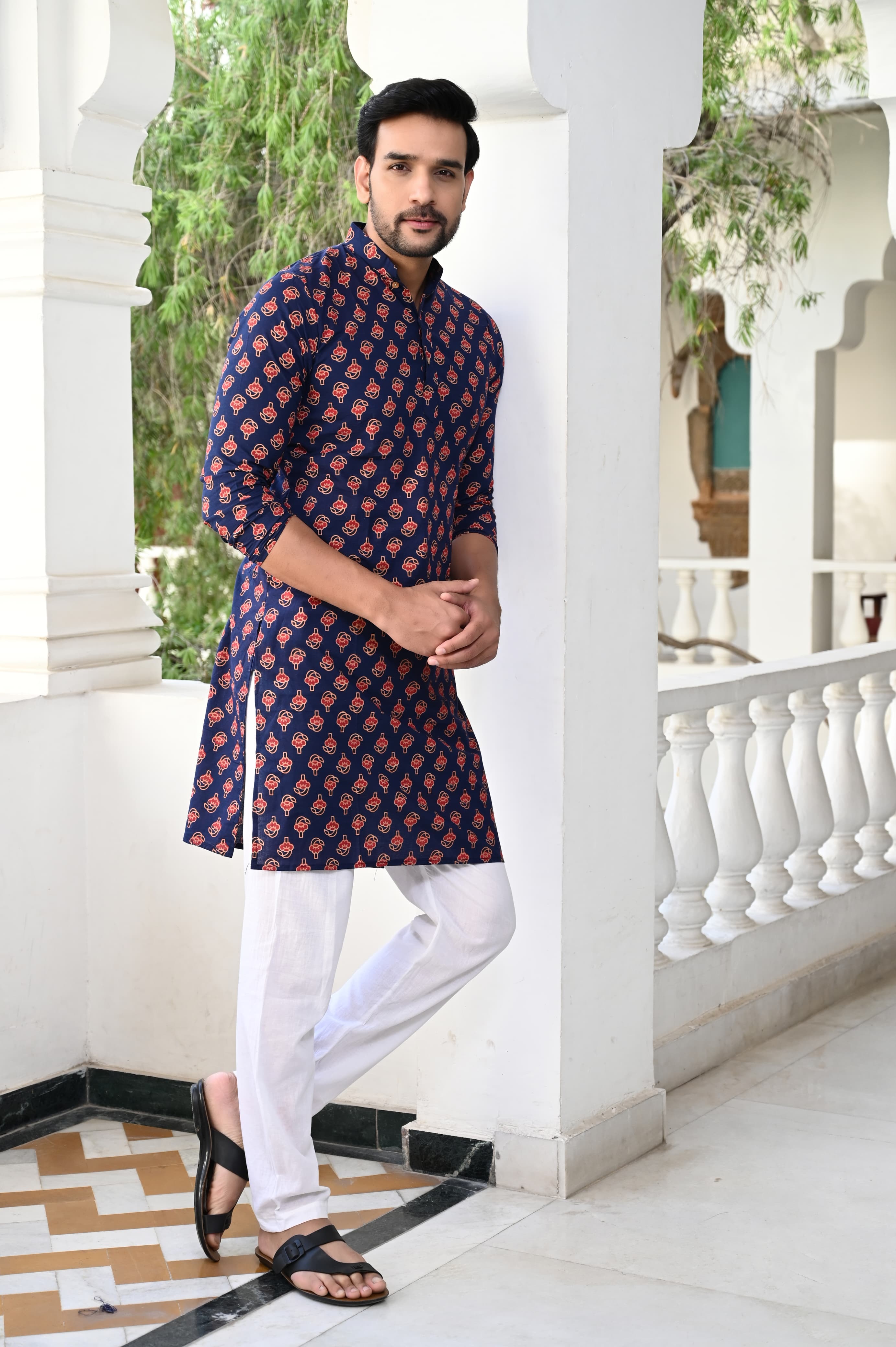 Navy Elegance Hand Block Printed Kurta Payzama for Men