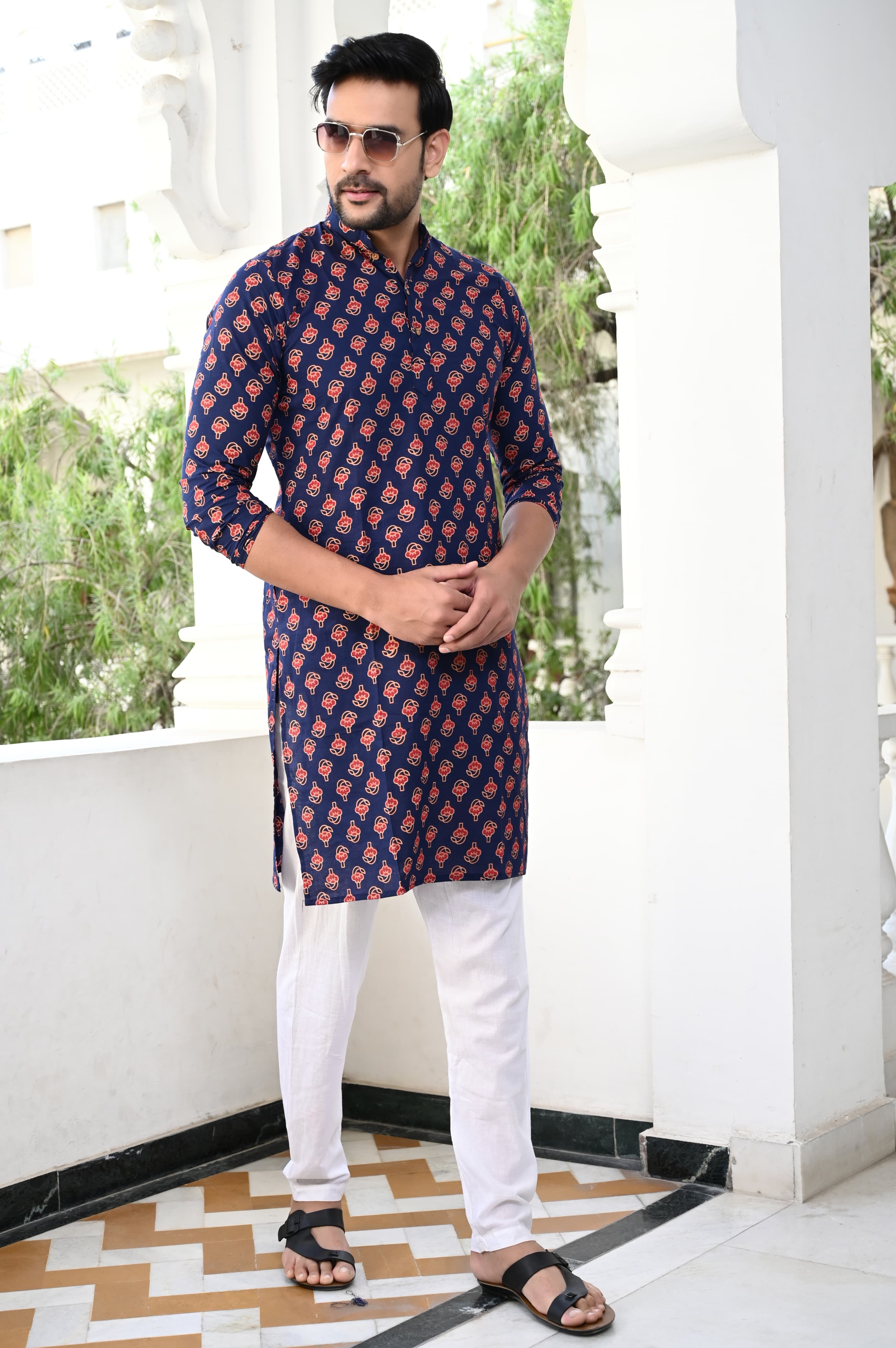 Navy Elegance Hand Block Printed Kurta Payzama for Men