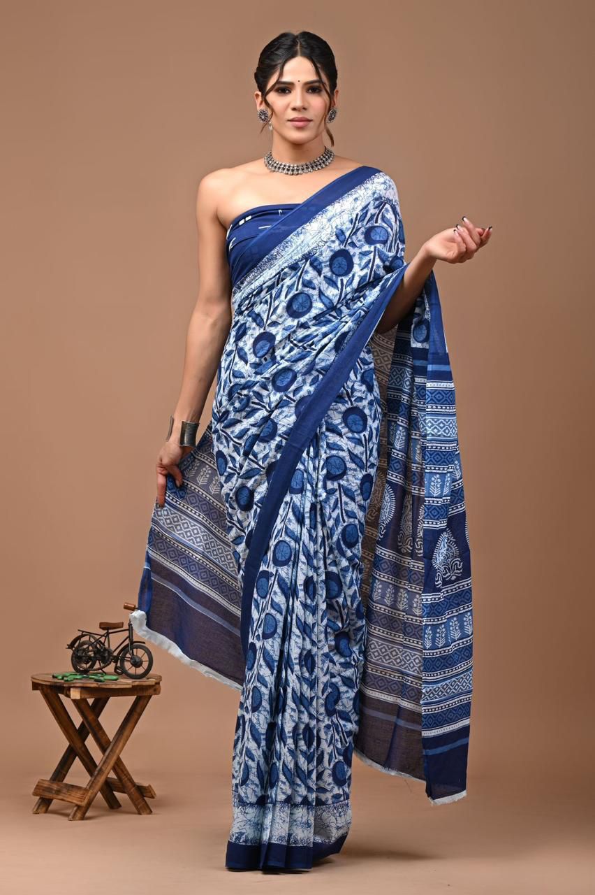 Zarigaba Pure Soft Cotton Blue Saree for Women