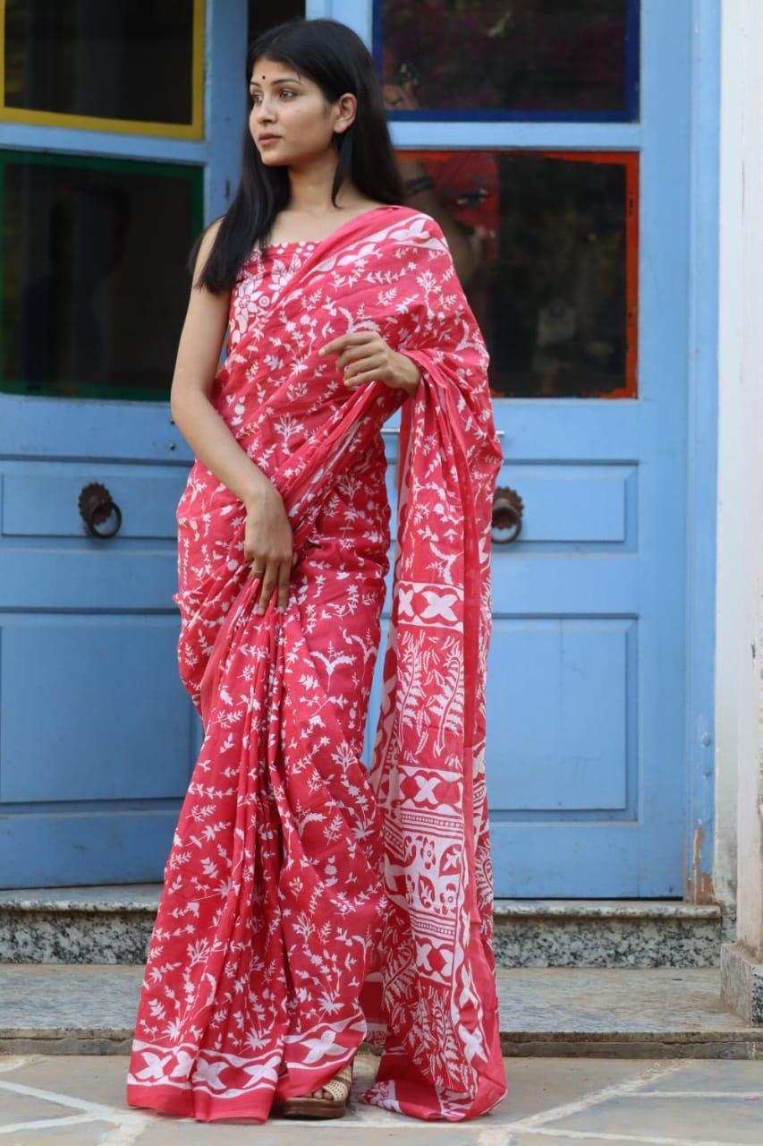 Bland Red with White Comb Colour Saree