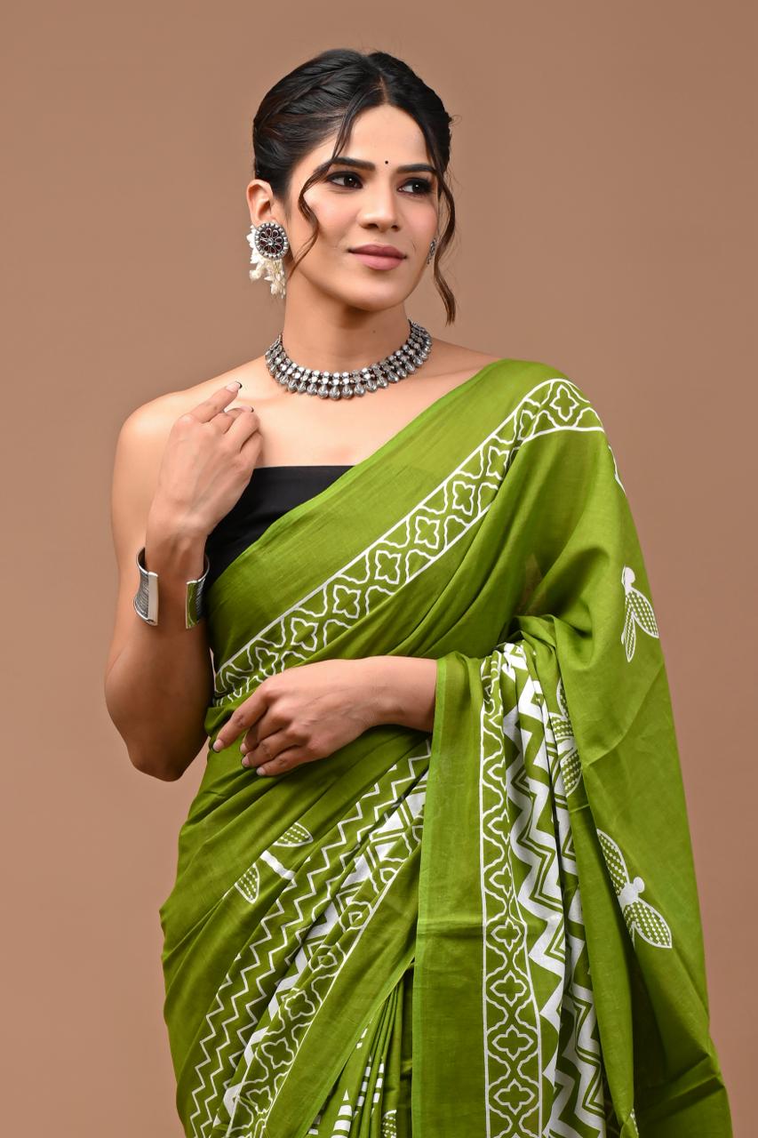 Light Green Cotton Mulmul Saree for Women