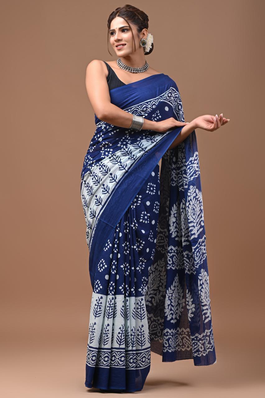 Blue Geometric Color Pure Cotton MulMul Saree for Women