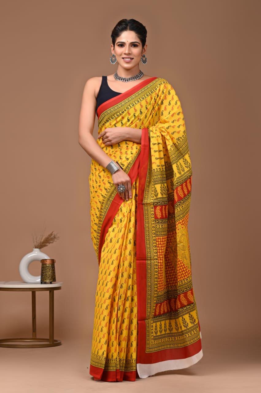 Yellow with Red Border Saree for Women