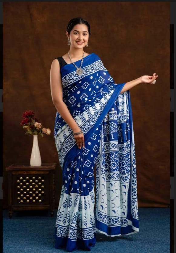 Blue Colour Hand Block Printed Mulmul Saree