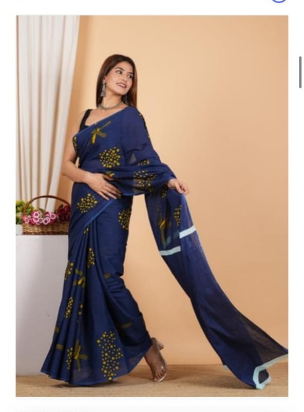 Navy Blue Hand Block Cotton Mulmul Saree